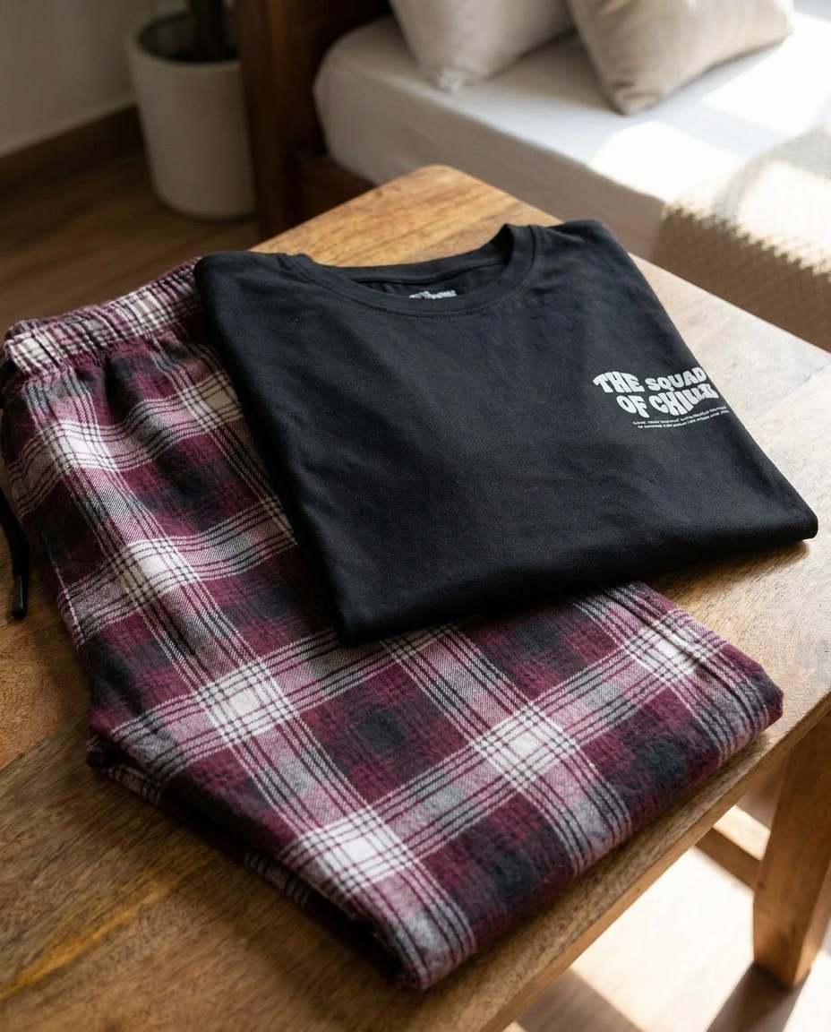 Men Printed Half Sleeves Top W/Plaid Pant  Pyjama