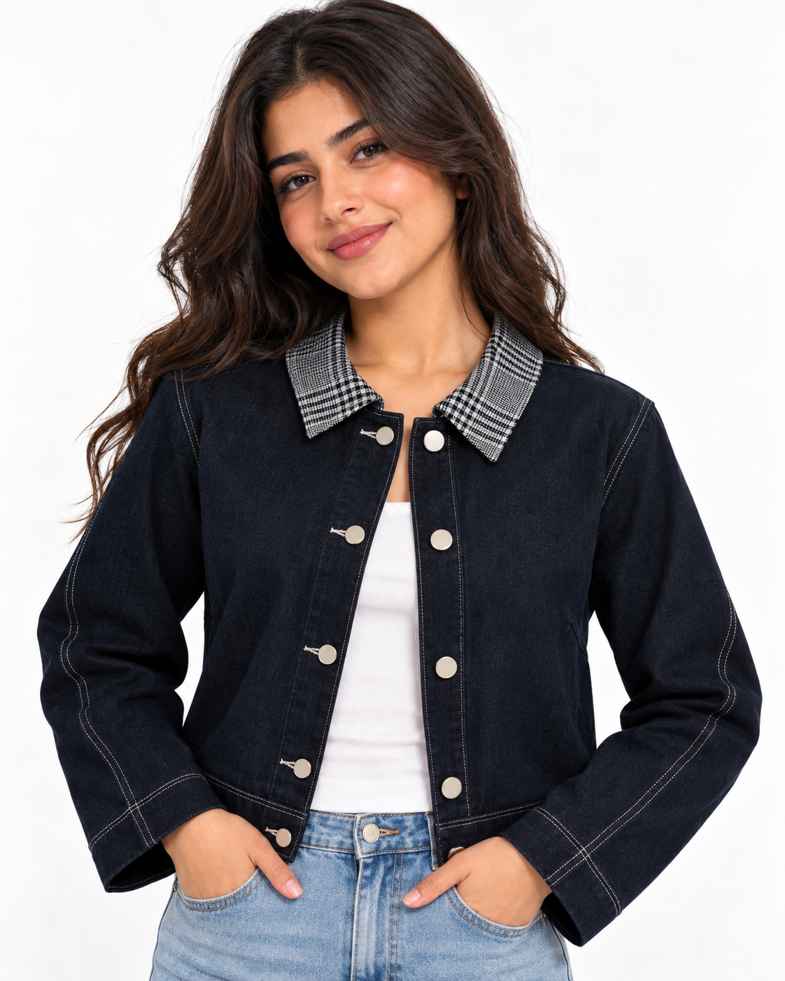 Women Plain Jeans Jacket W/Buttons