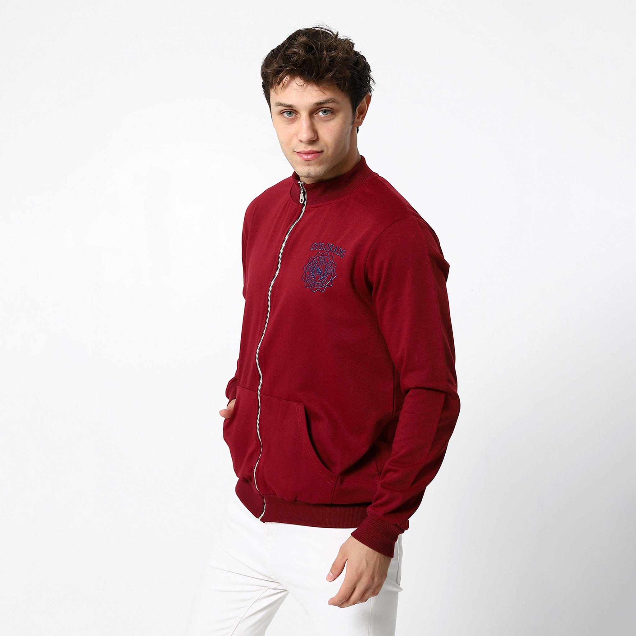 Wine Red Plain With Decorated Padge Sweatshirt