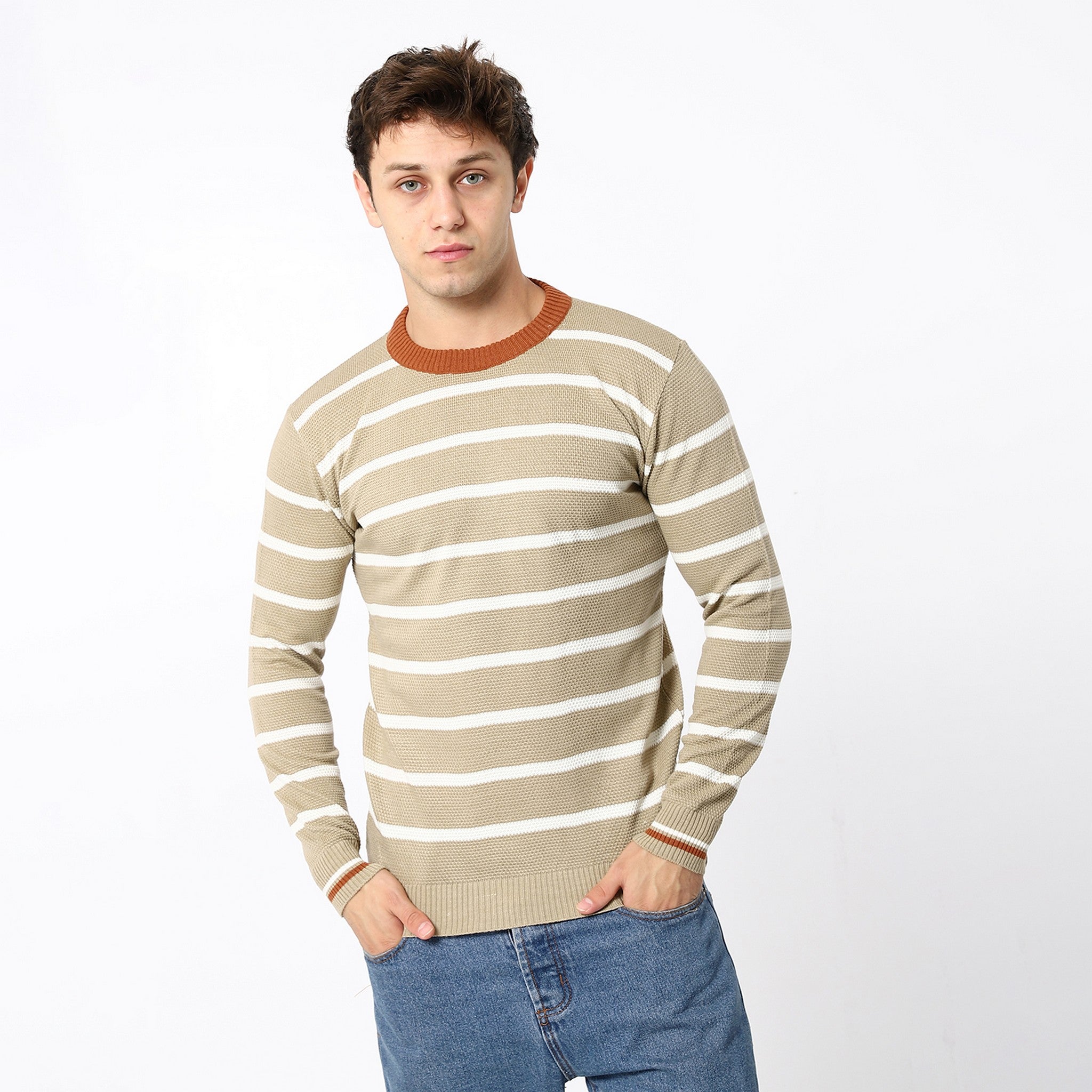 Tri-Tone Almond Beige, White & Orange Knitted Pullover