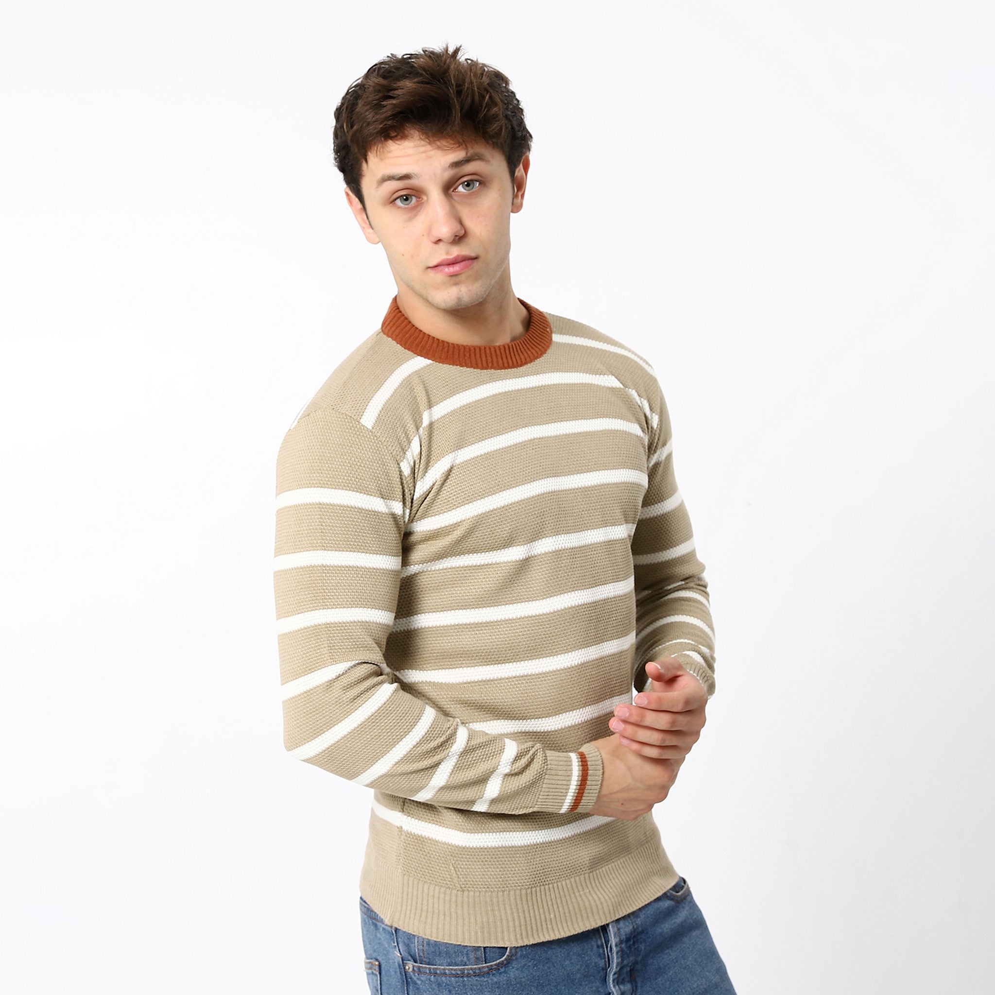 Tri-Tone Almond Beige, White & Orange Knitted Pullover