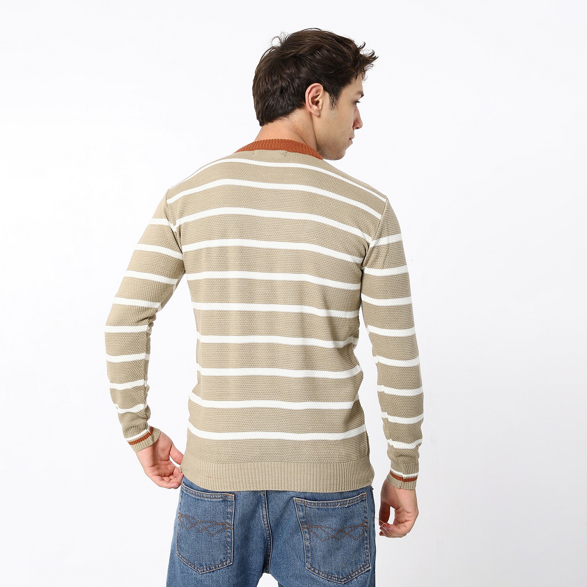 Tri-Tone Almond Beige, White & Orange Knitted Pullover