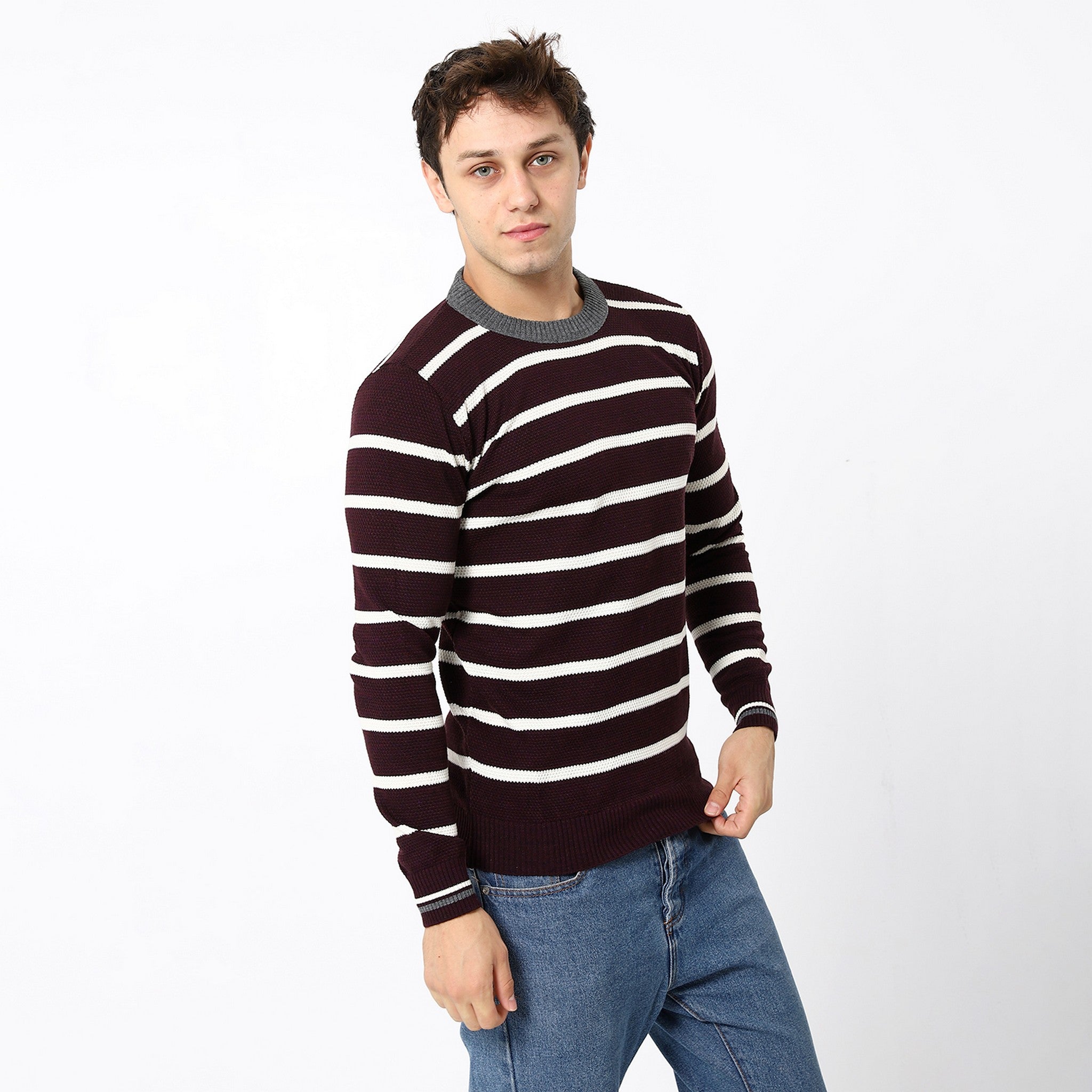 Tri-Tone Burnet Maroon, White & Grey Knitted Pullover