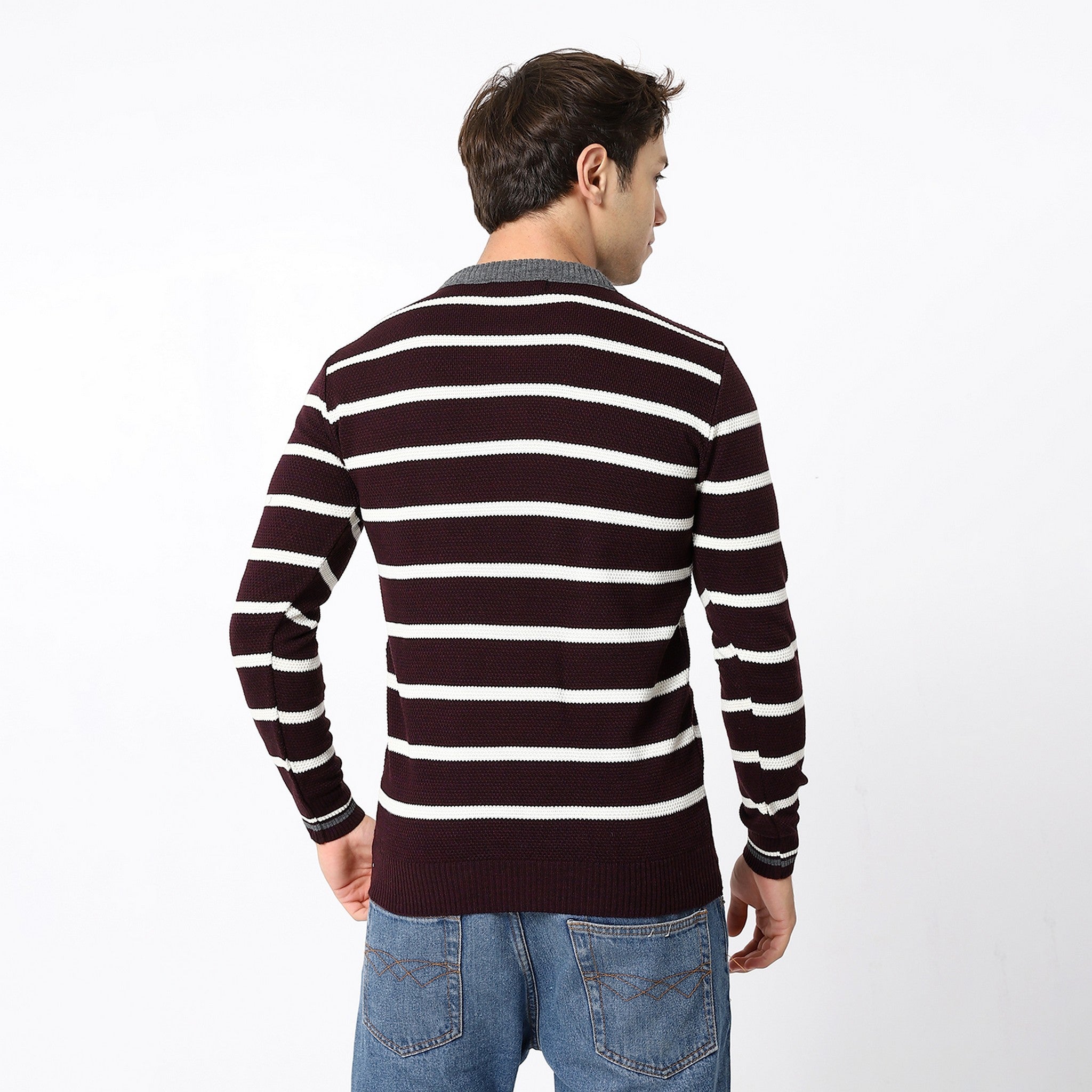 Tri-Tone Burnet Maroon, White & Grey Knitted Pullover