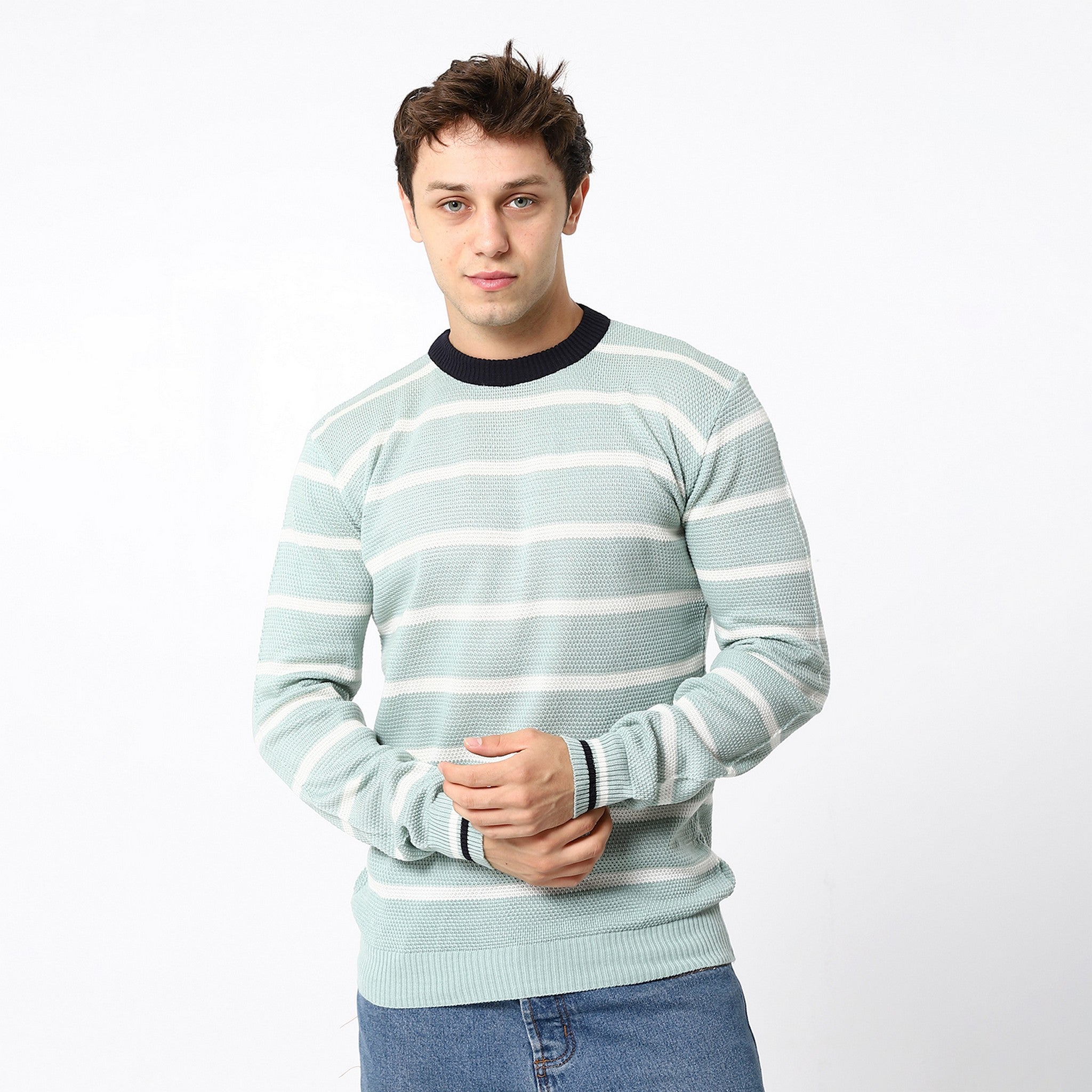 Tri-Tone Pale Aqua, White & Black Knitted Pullover