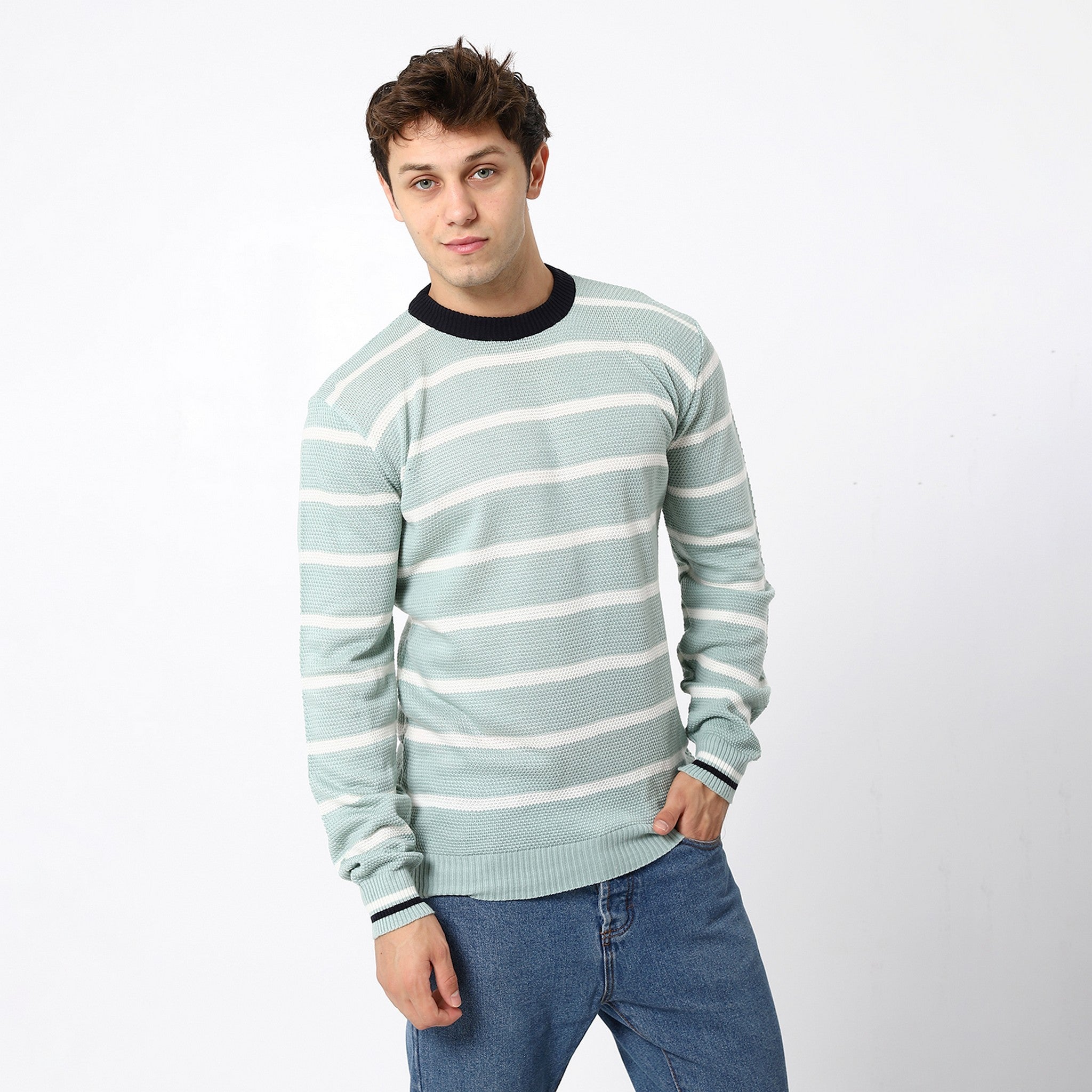 Tri-Tone Pale Aqua, White & Black Knitted Pullover