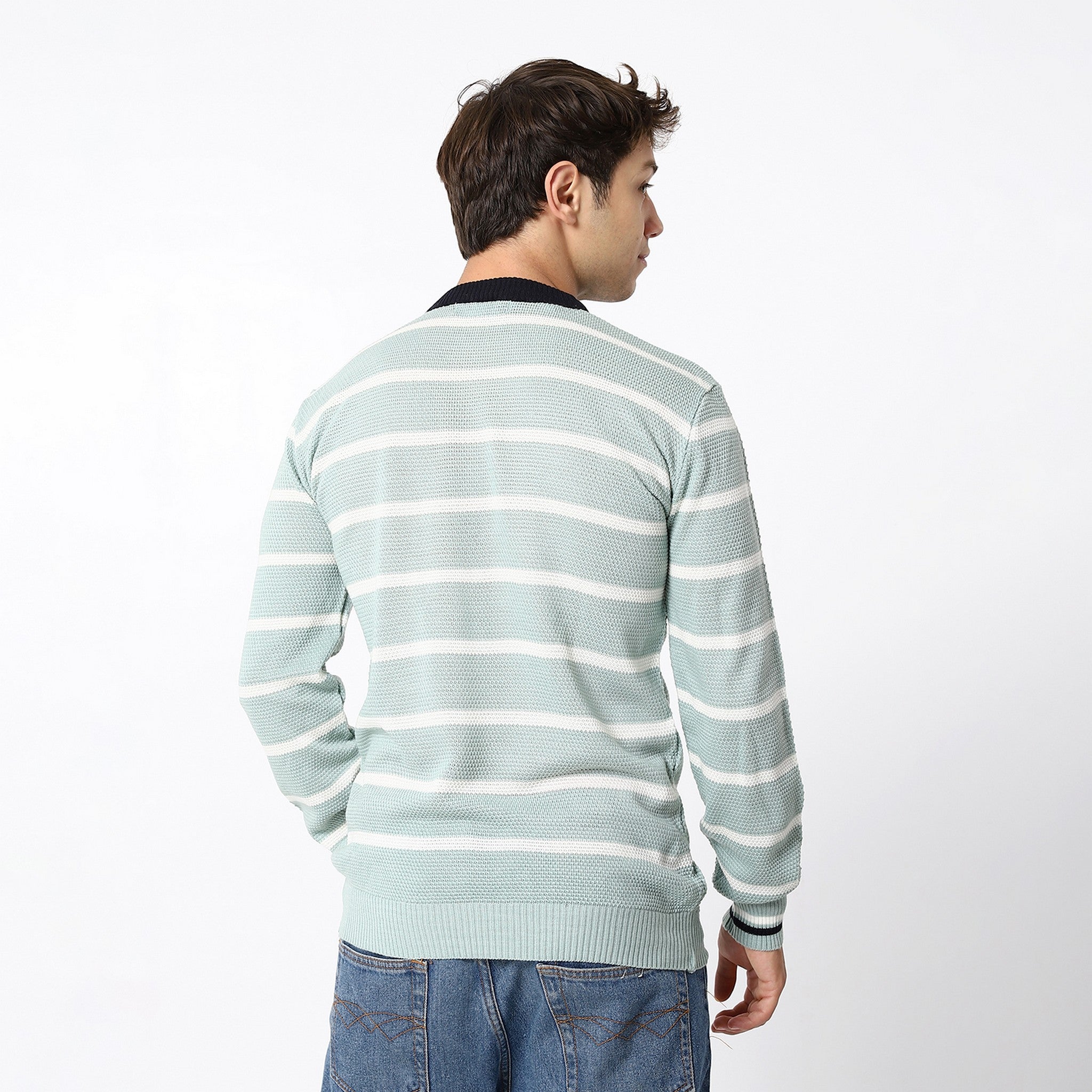 Tri-Tone Pale Aqua, White & Black Knitted Pullover