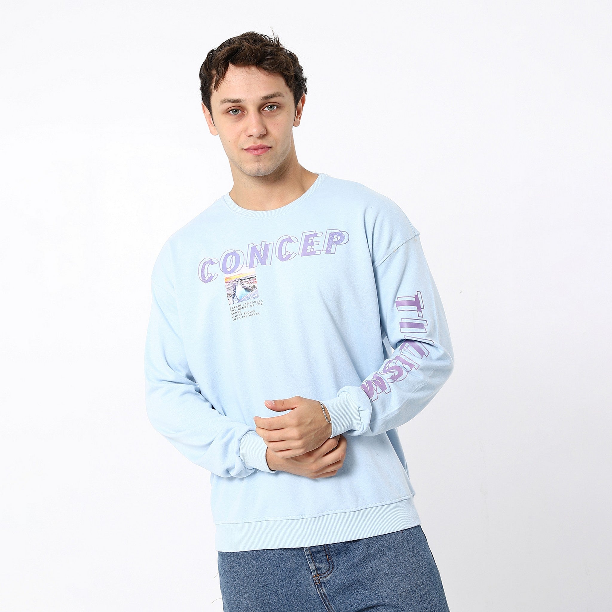 Oversized Sky Blue Printed Sweatshirt