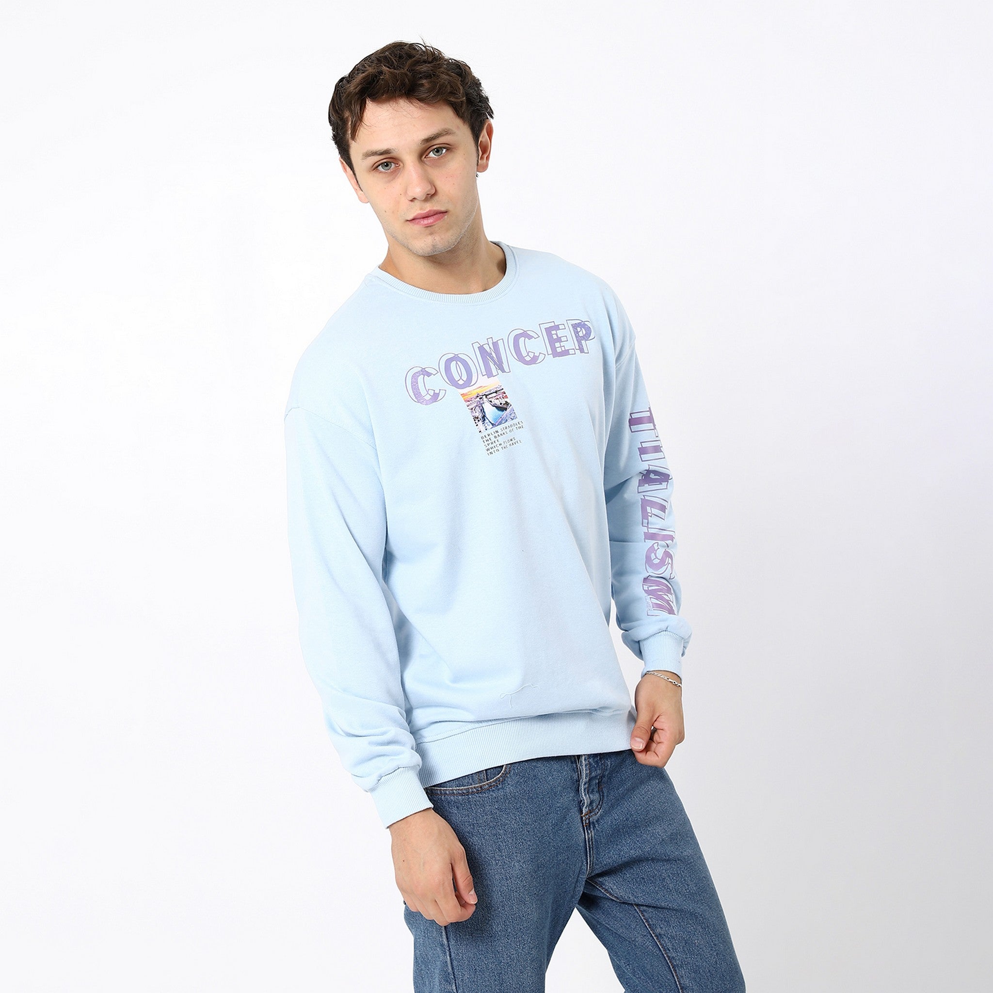 Oversized Sky Blue Printed Sweatshirt