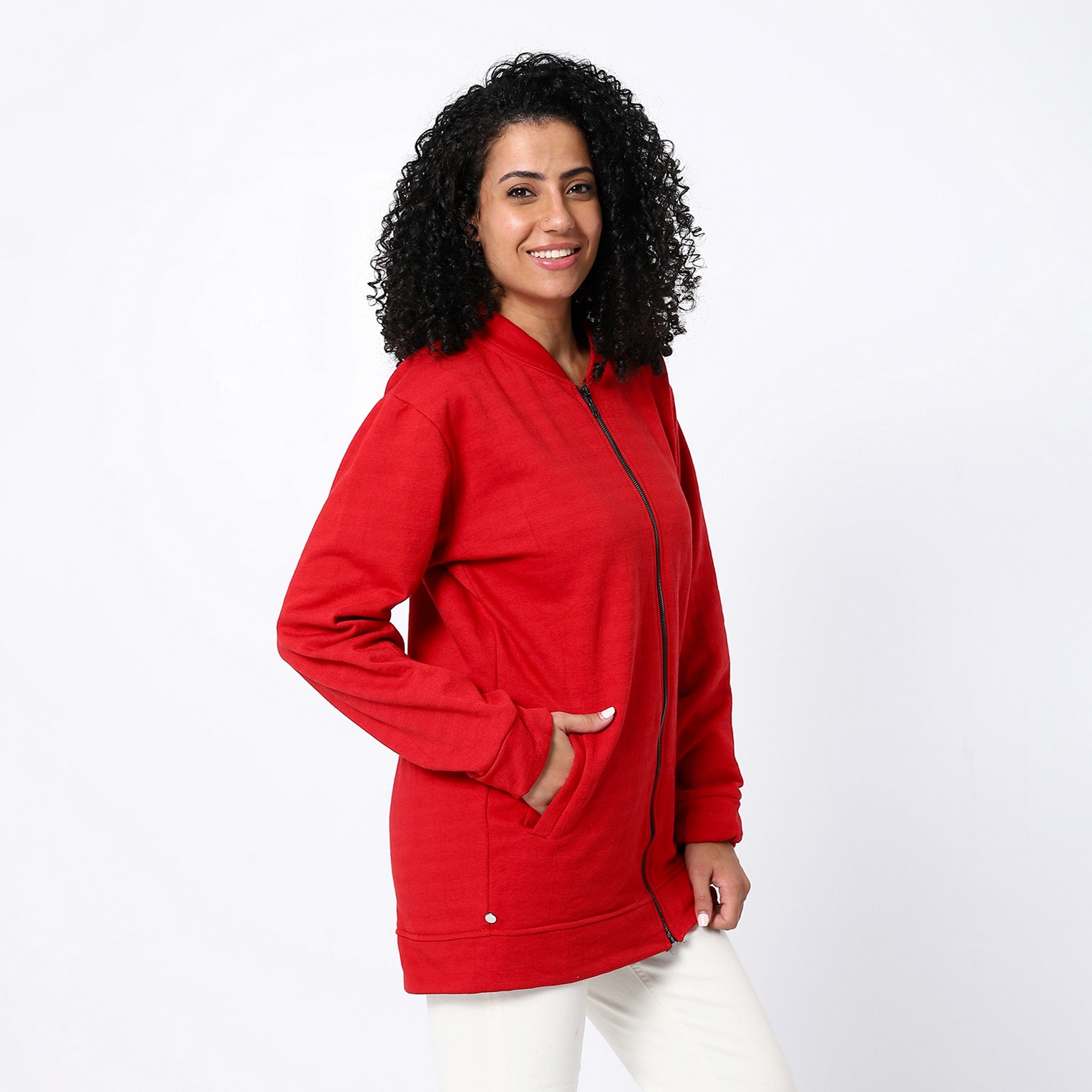 Candy Red Zipped Long Sweatshirt