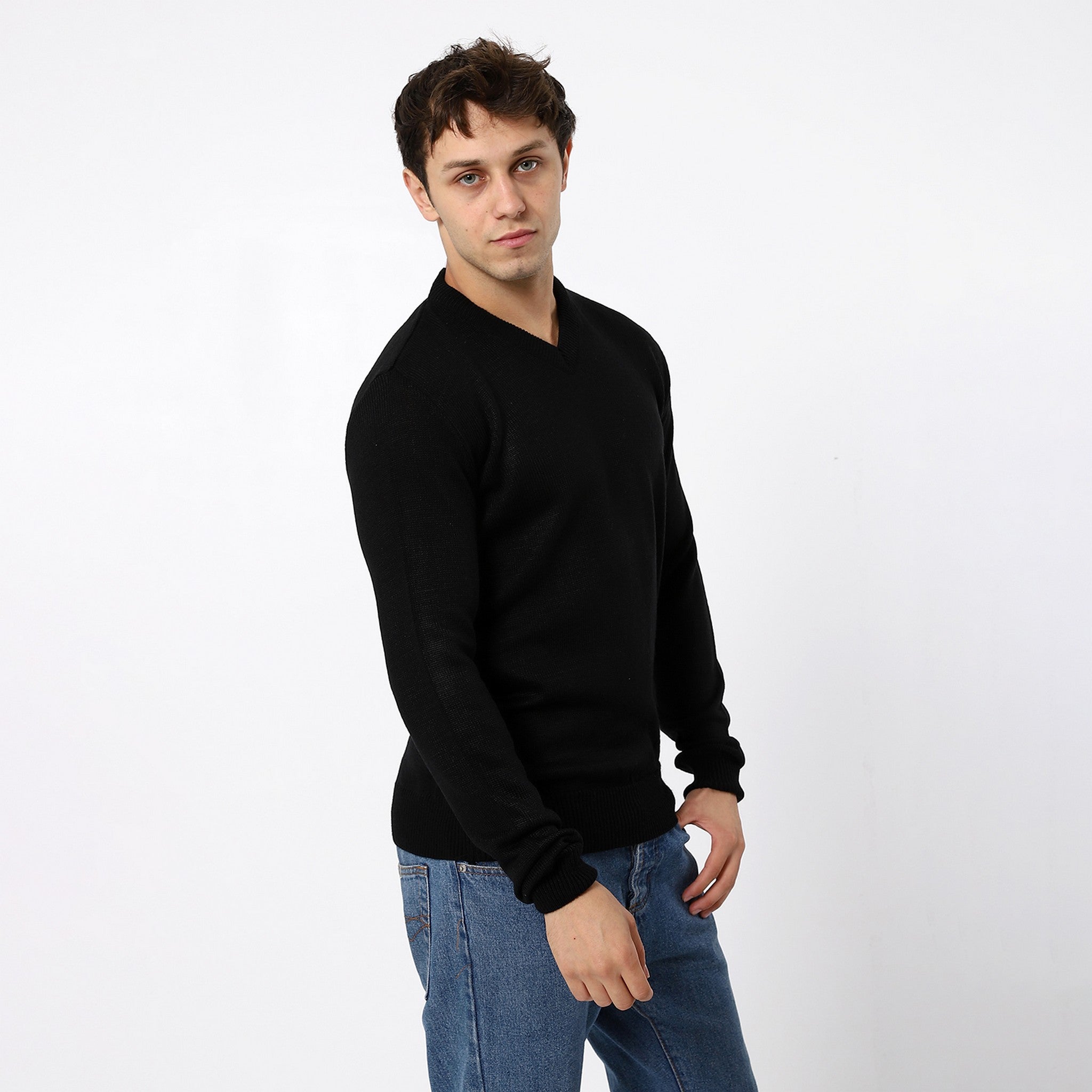 V-Neck Plain Basic Black Pullover