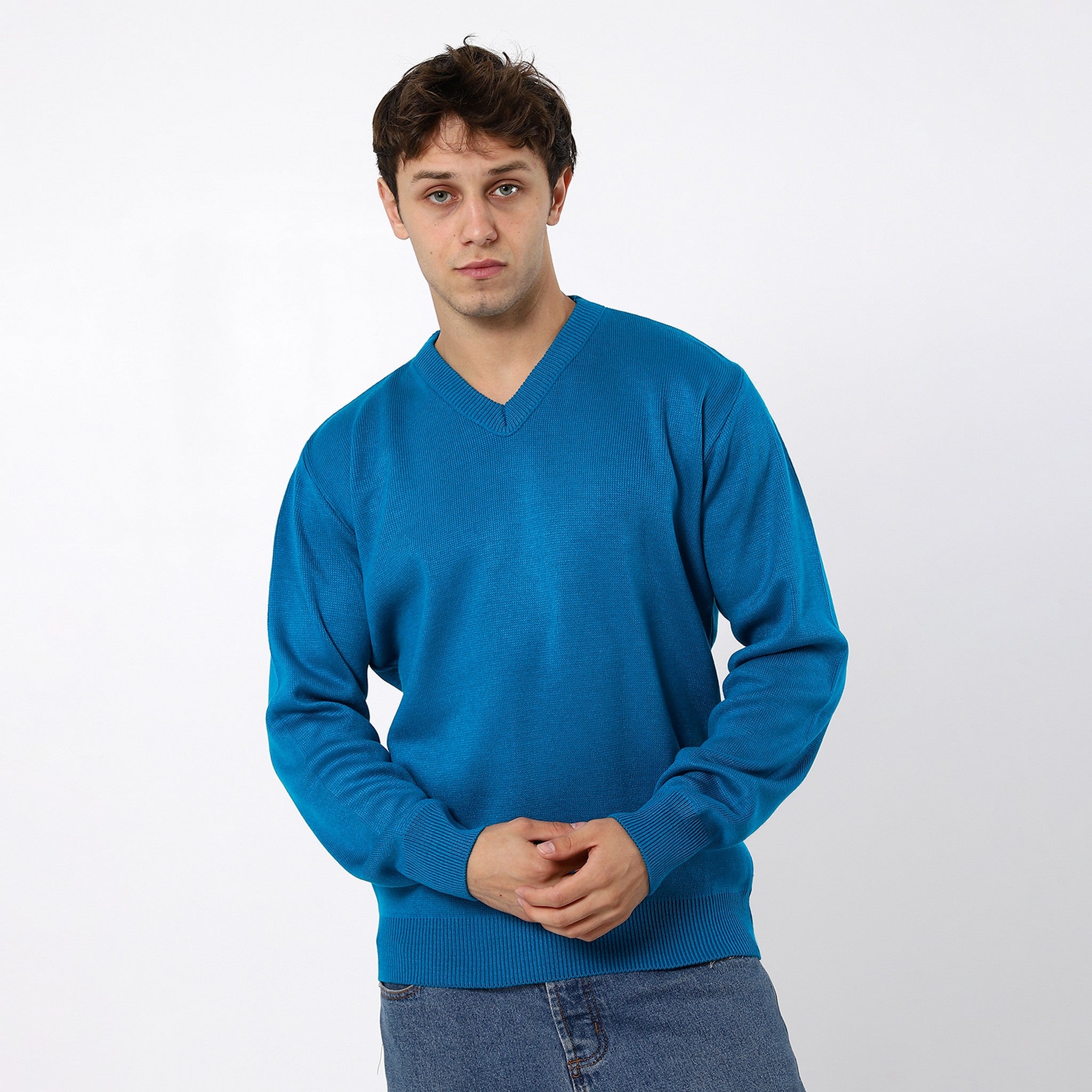 V-Neck Plain Basic Blue Pullover