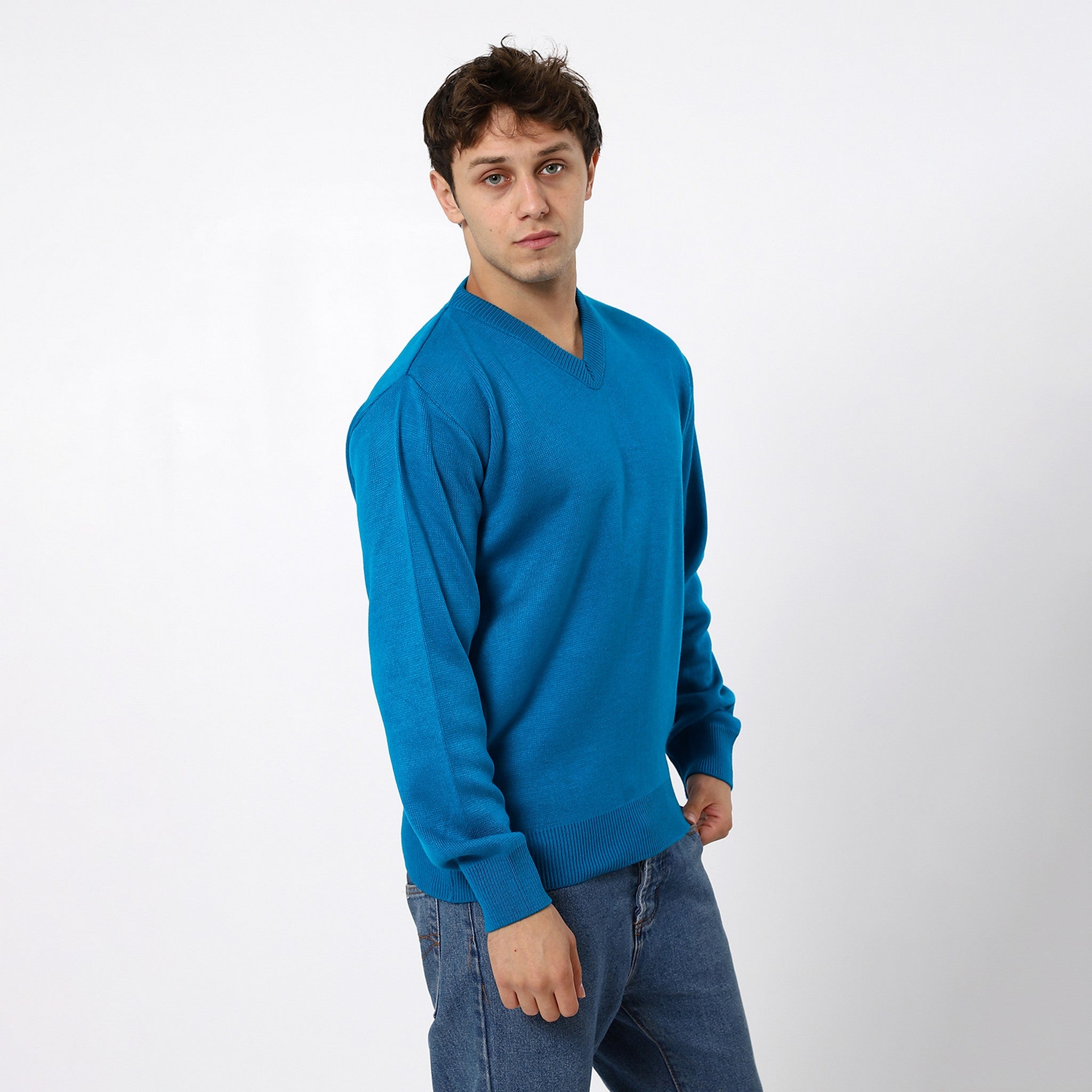 V-Neck Plain Basic Blue Pullover