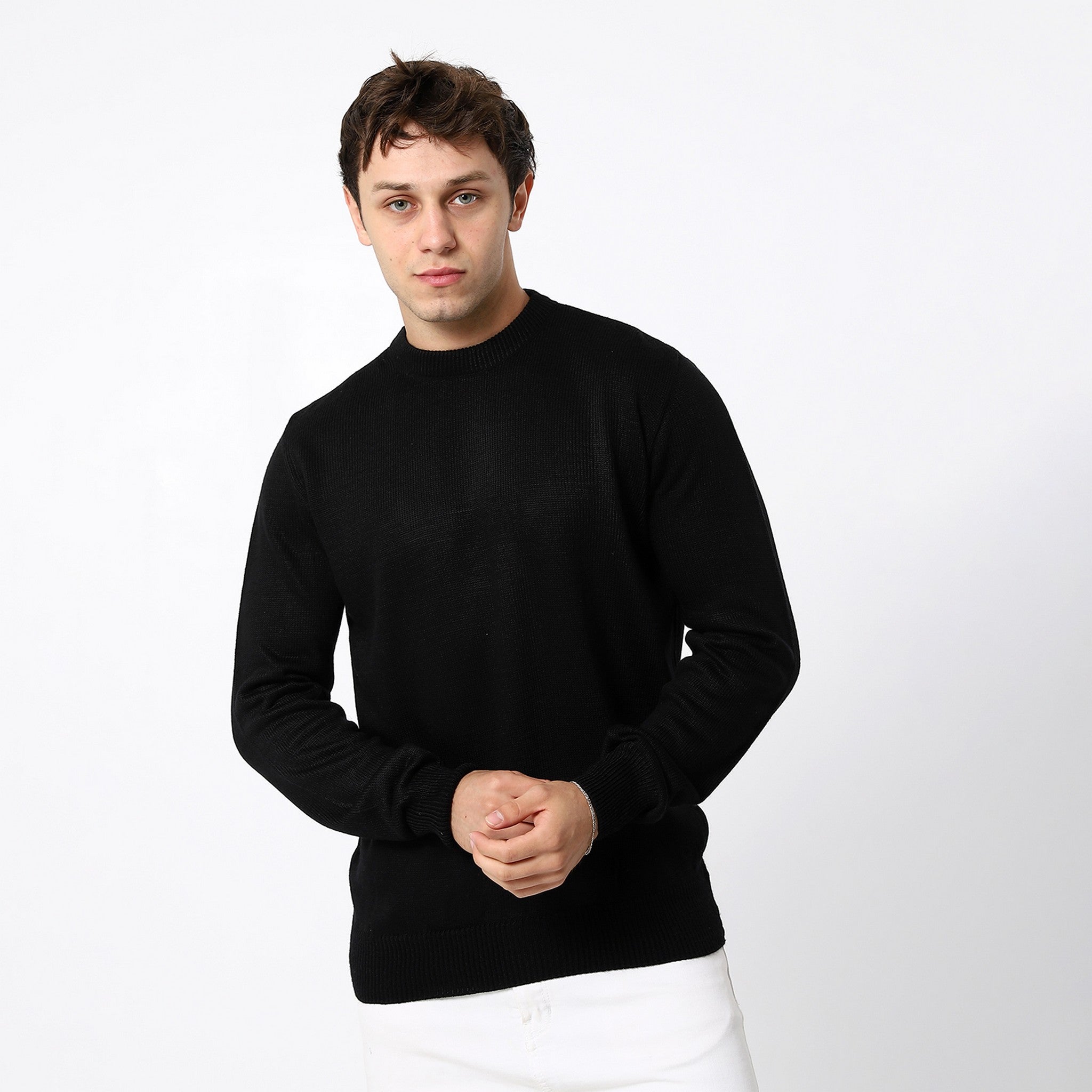 Black Plain Crew Basic Pullover