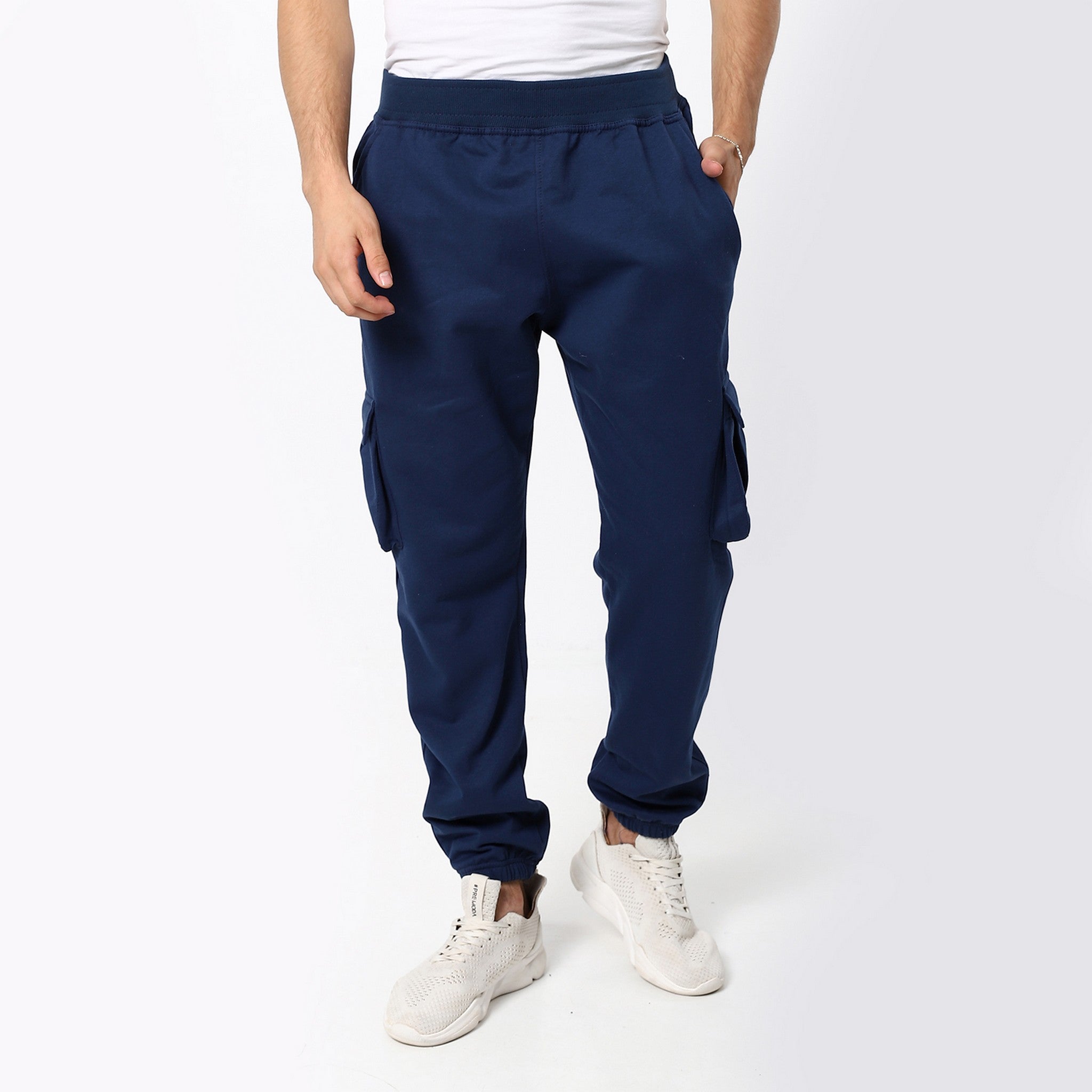 Elastic Navy Blue Plain Cargo Pants