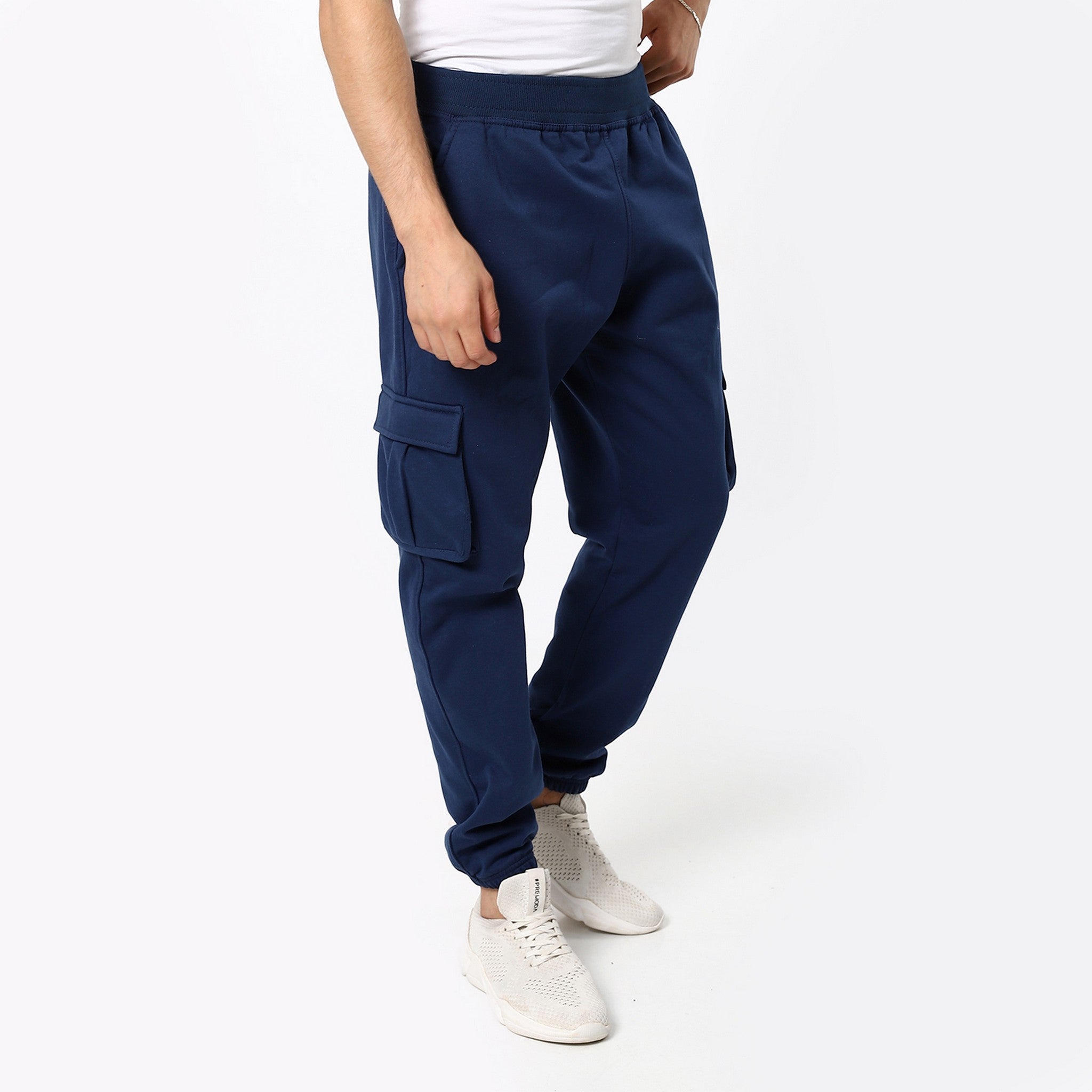 Elastic Navy Blue Plain Cargo Pants