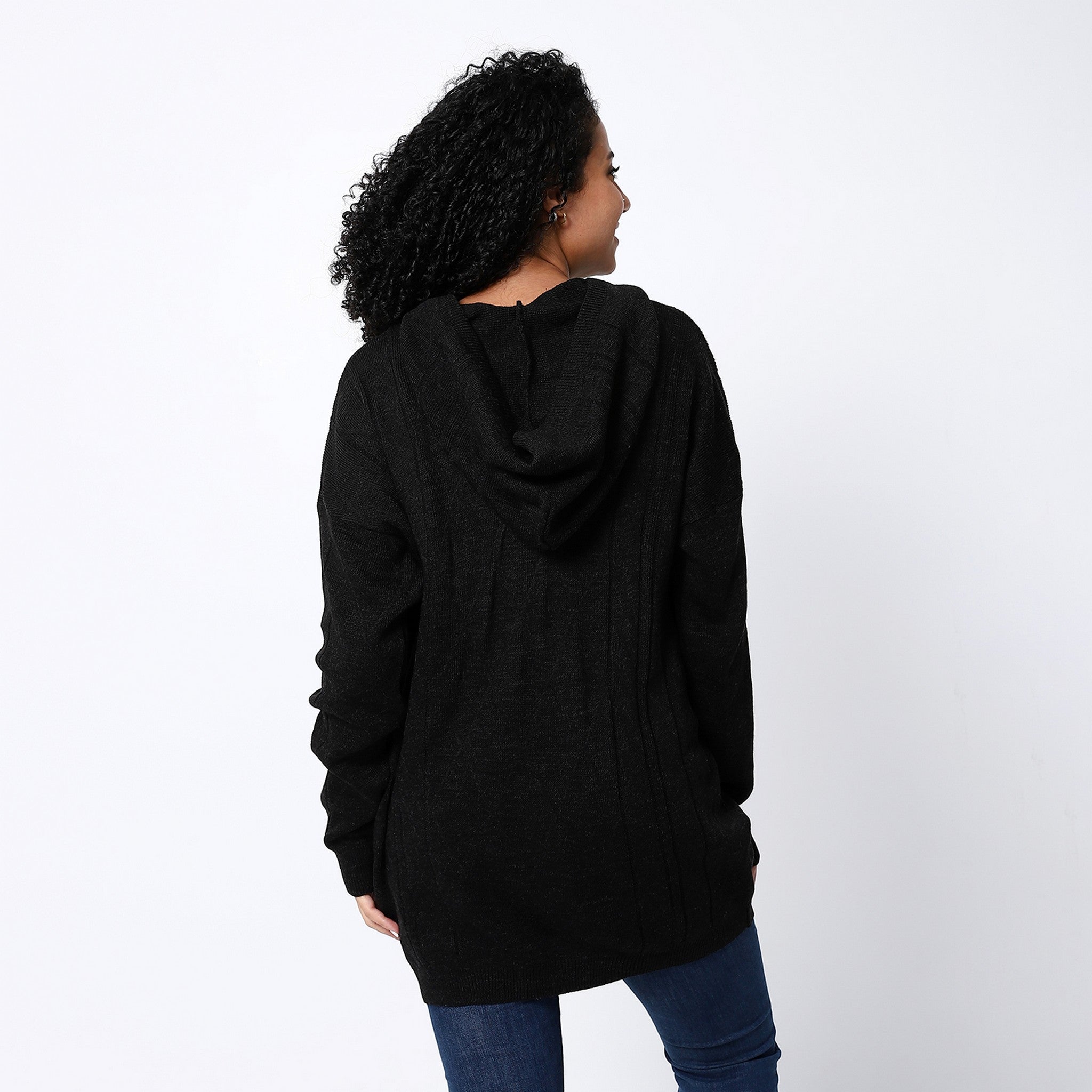 Black Long Hooded Knitted Pullover