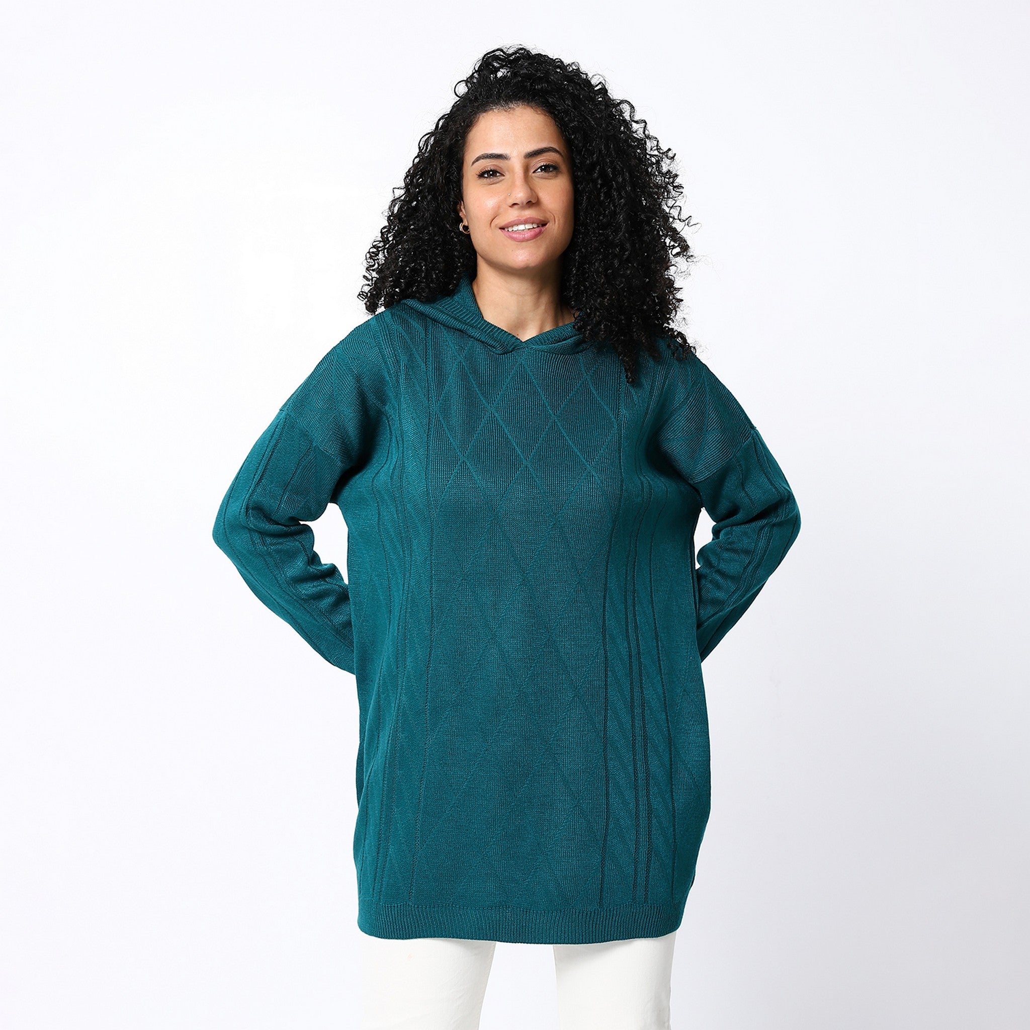 Teal Green Long Hooded Knitted Pullover