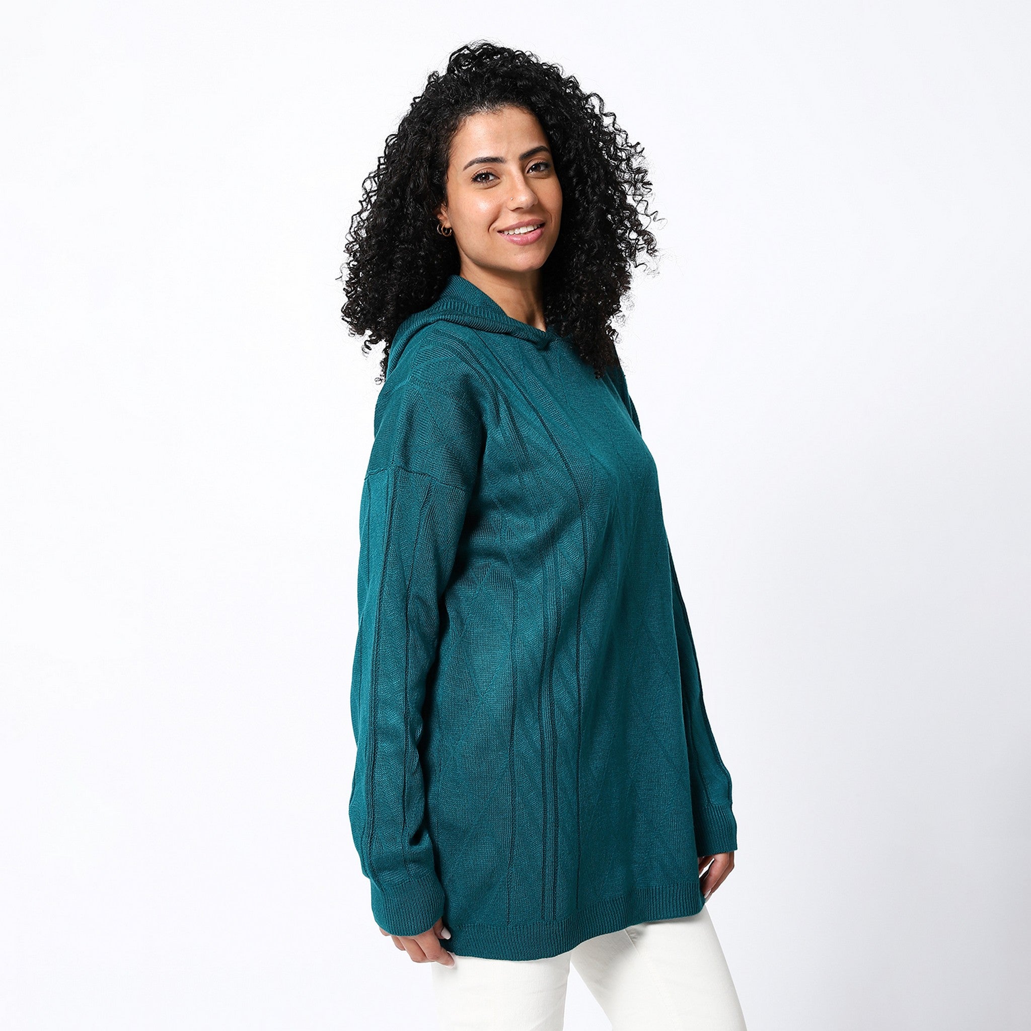 Teal Green Long Hooded Knitted Pullover