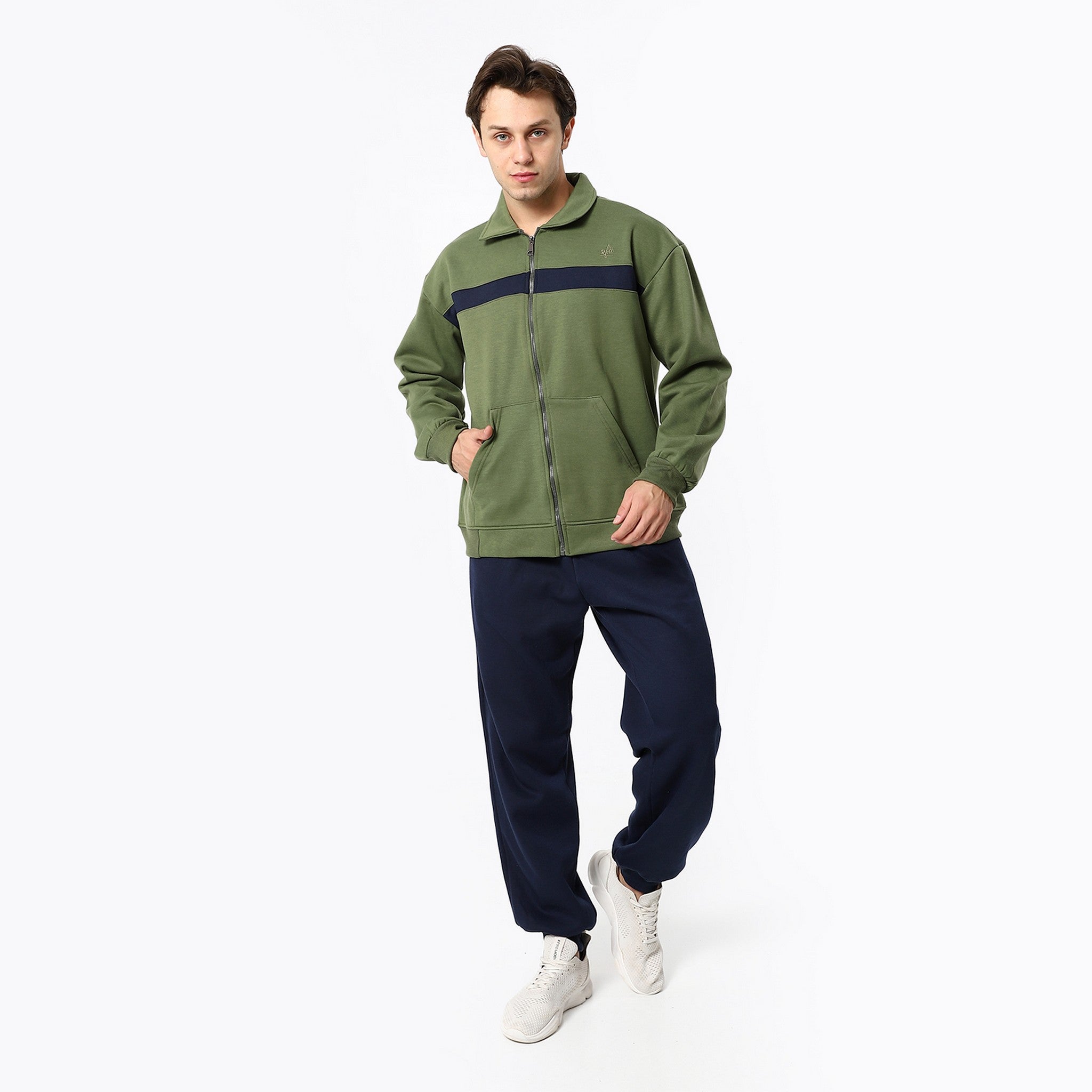 Plain Casual Army Green & Navy Blue Tracksuit Set