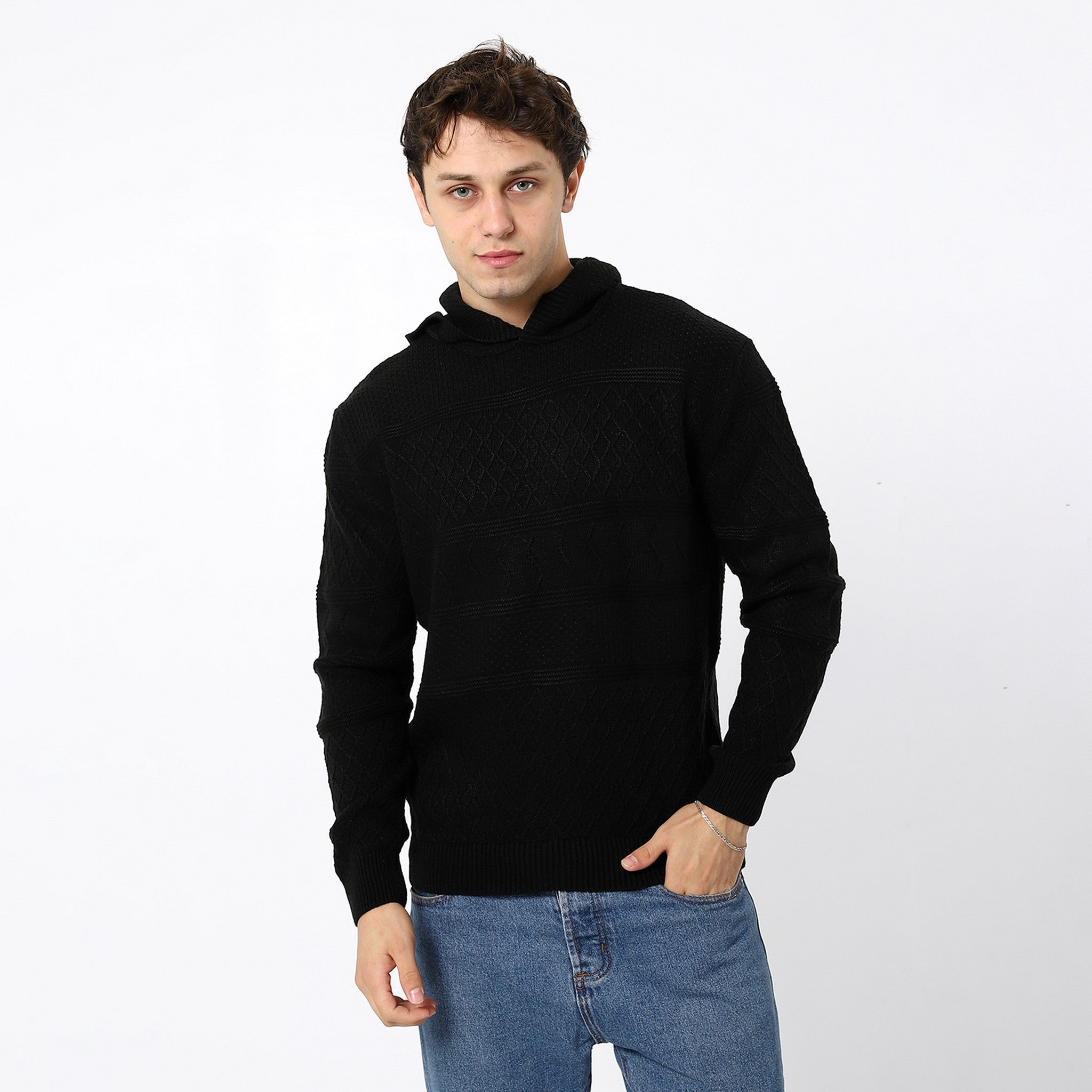 Knitted Black Hooded Pullover