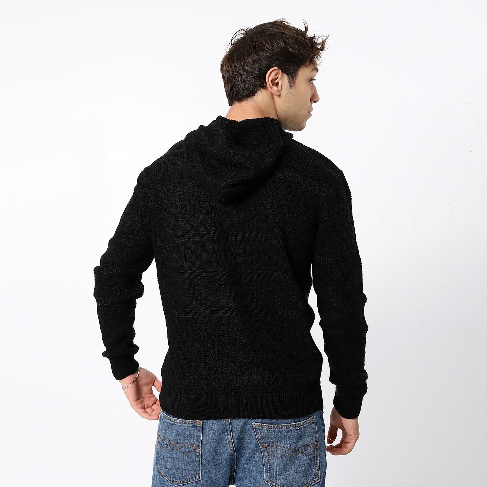 Knitted Black Hooded Pullover