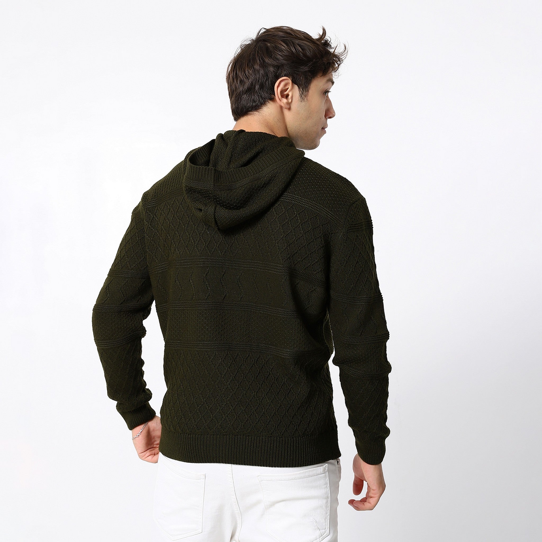 Knitted Army Green Hooded Pullover