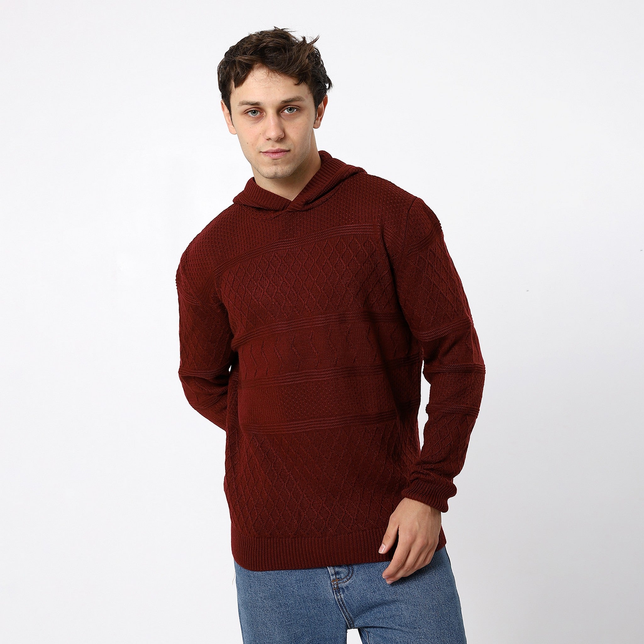 Knitted Burnet Maroon Hooded Pullover