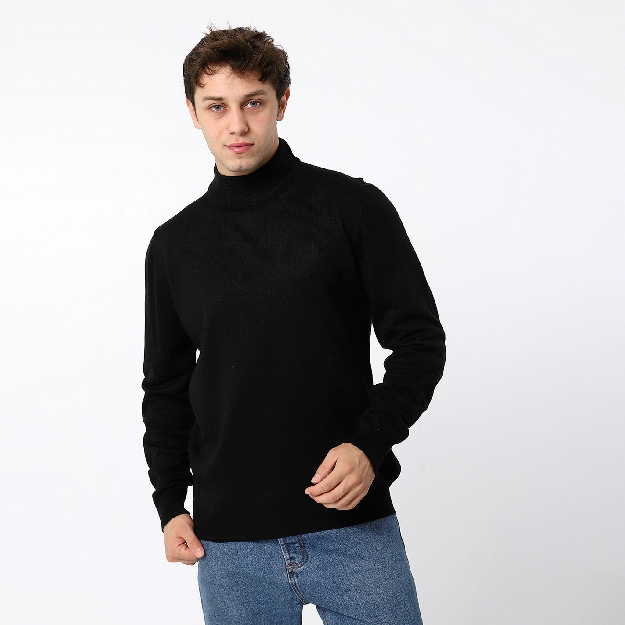 Knitted Plain Turtle Neck Black Pullover