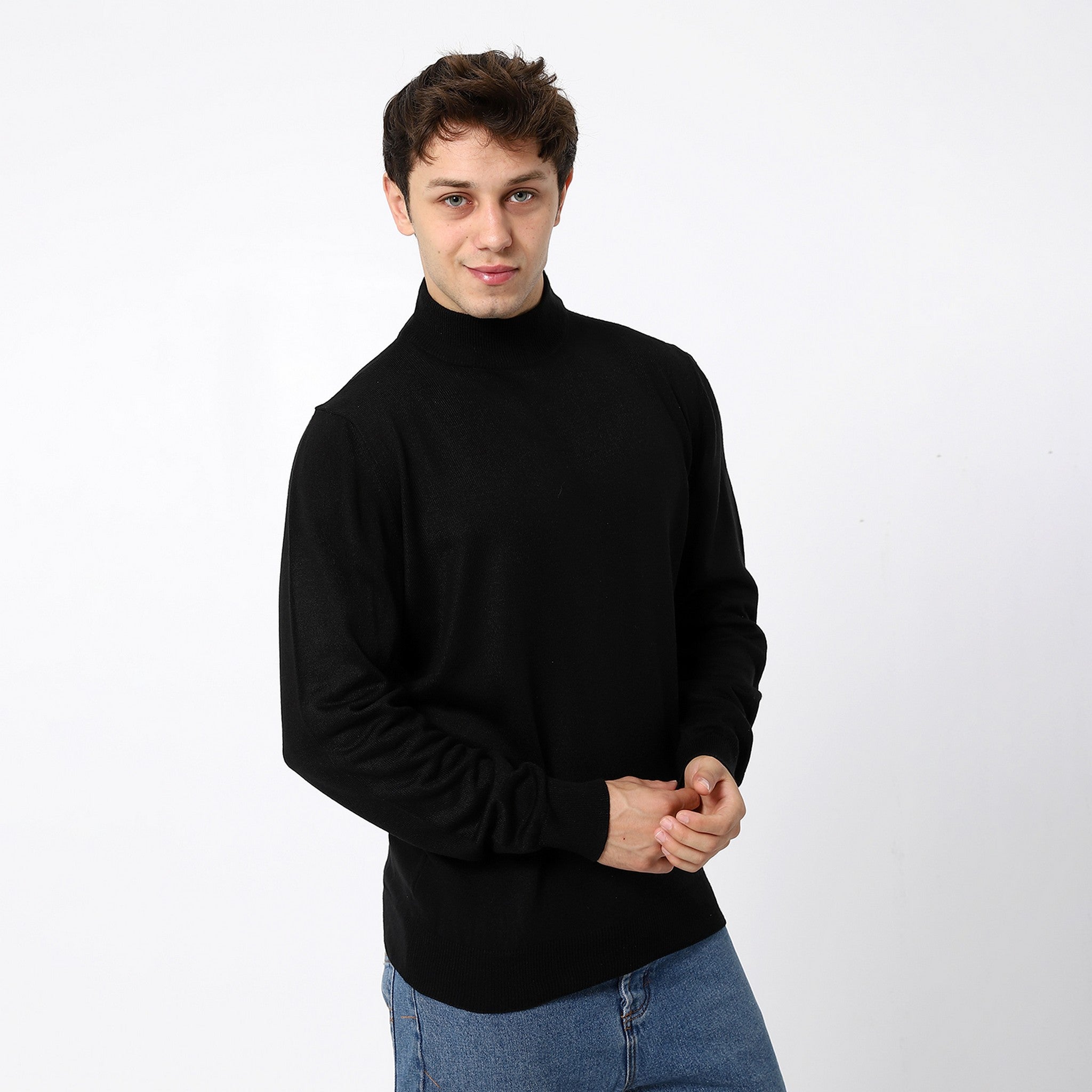 Knitted Plain Turtle Neck Black Pullover