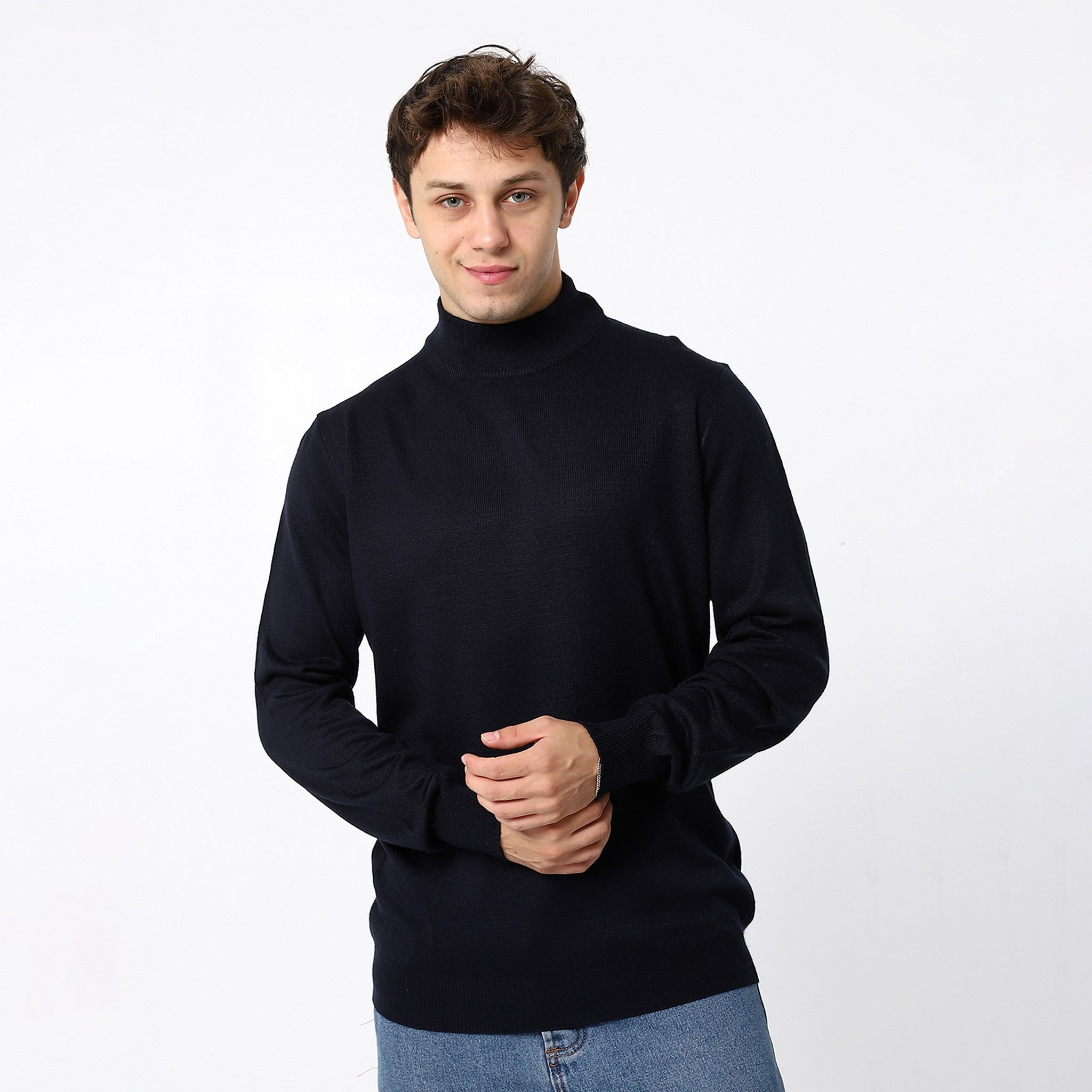 Knitted Plain Turtle Neck Dark Pullover