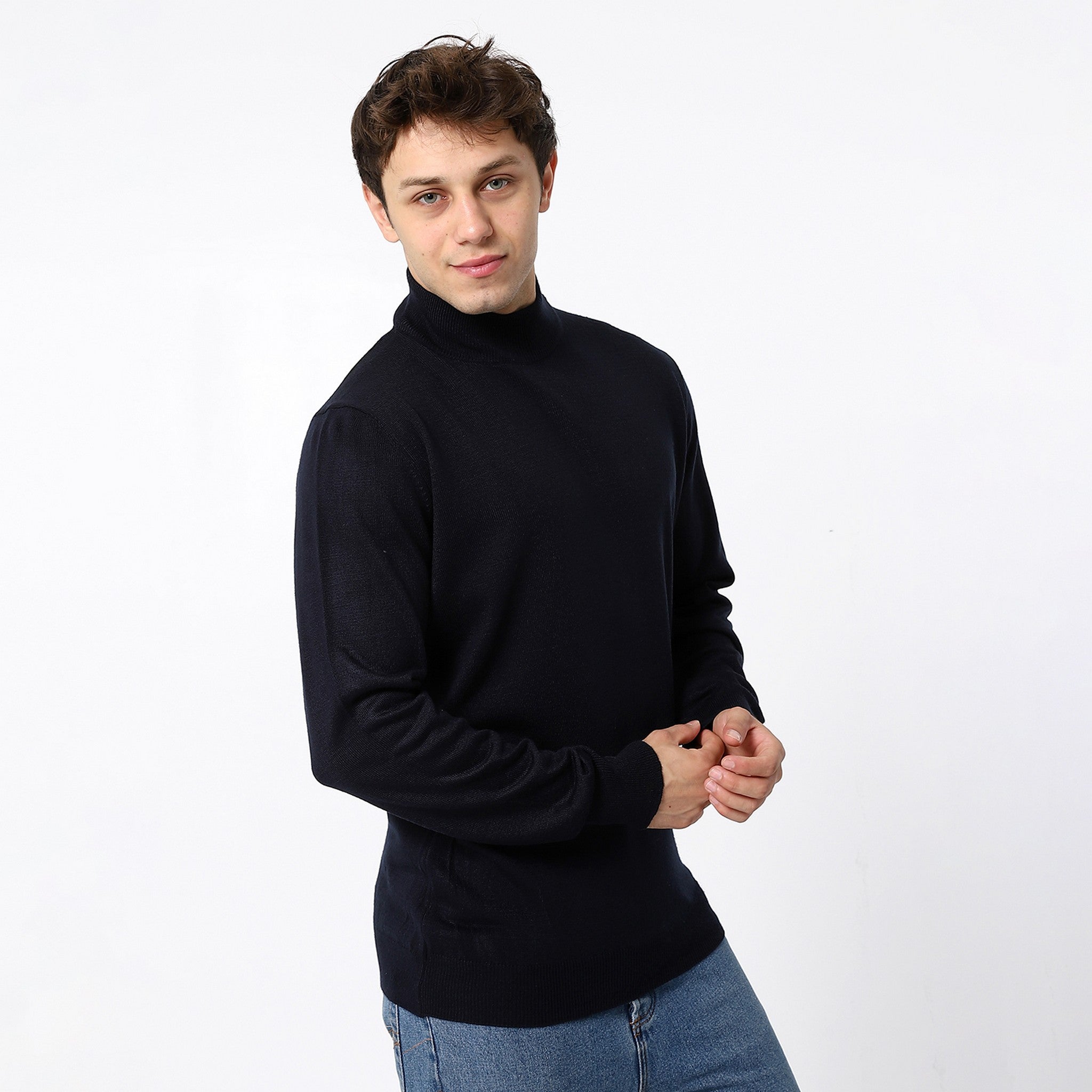 Knitted Plain Turtle Neck Dark Pullover