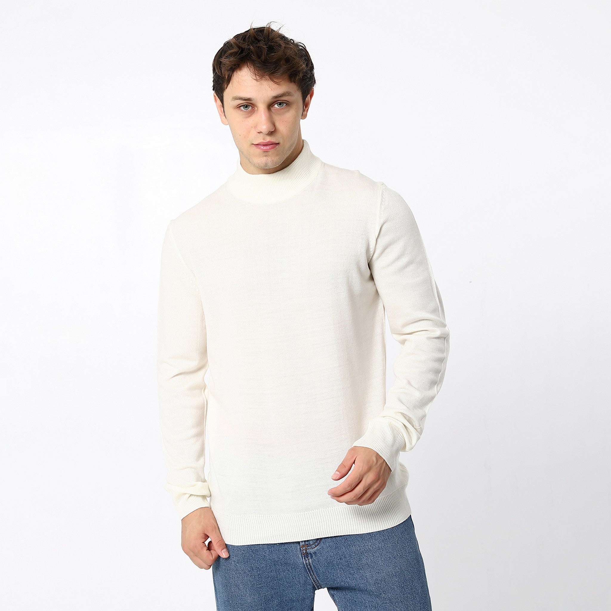 Knitted Plain Turtle Neck Bright White Pullover