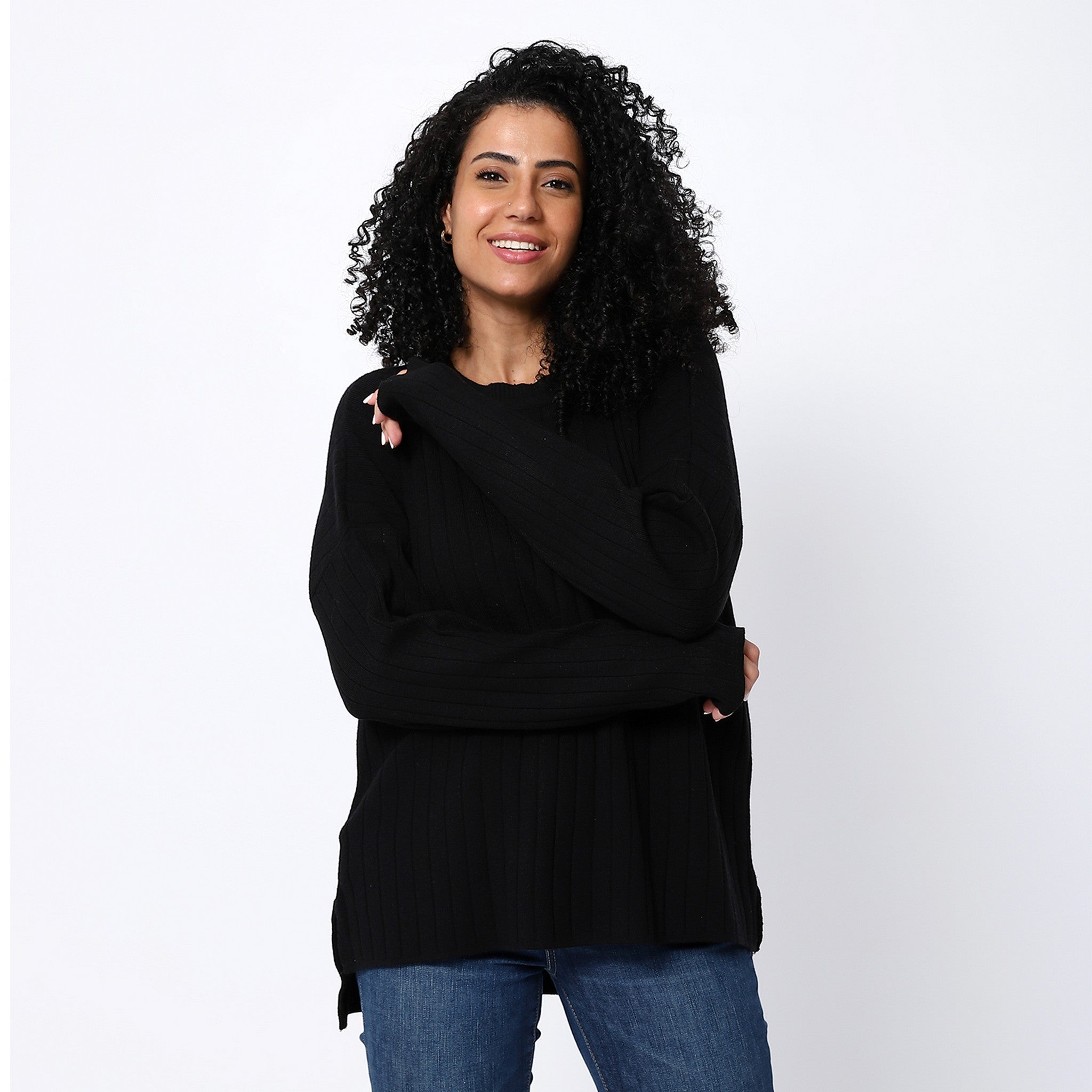 Ribbed Knitted Comfy Black Pullover