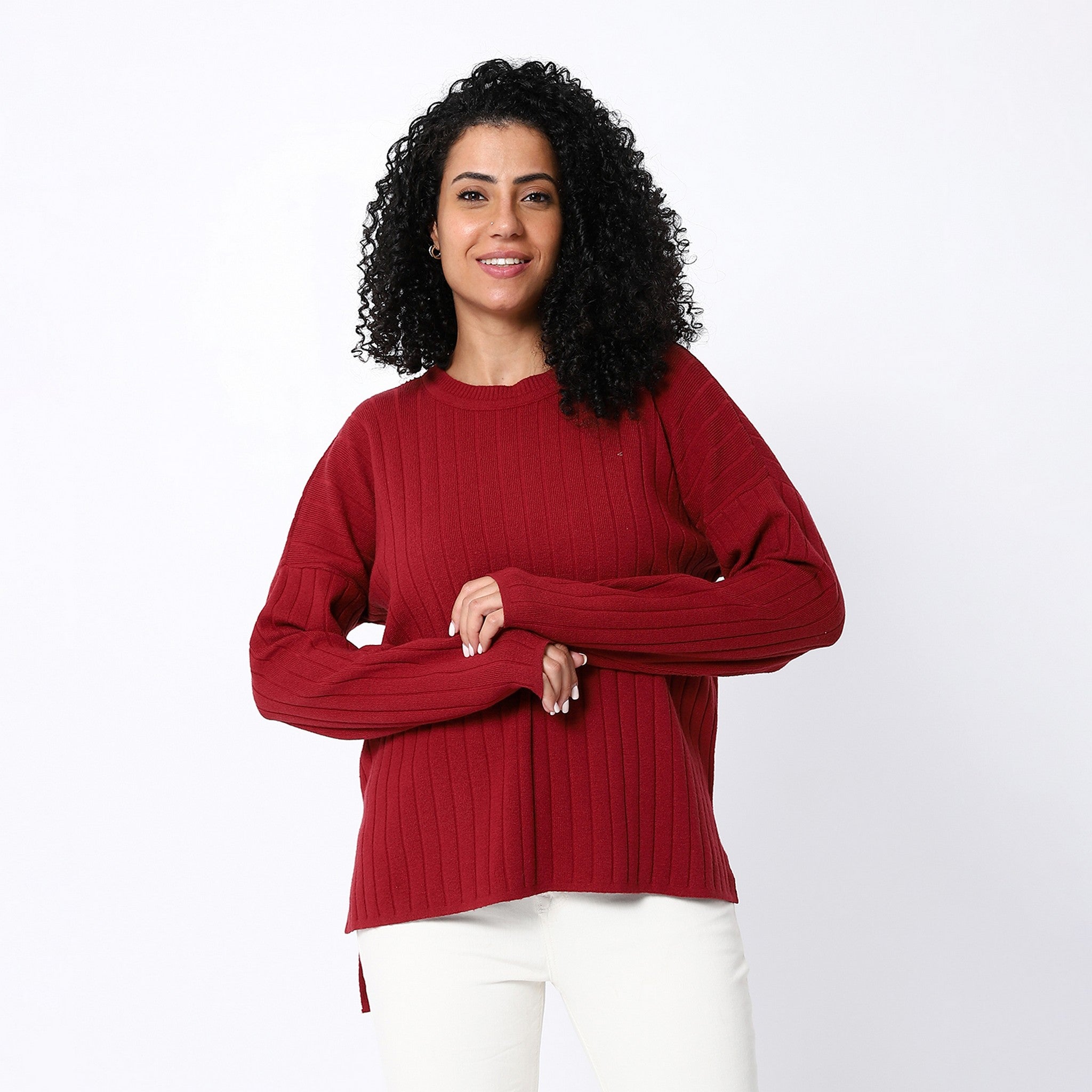 Ribbed Knitted Comfy Burnet Red Pullover