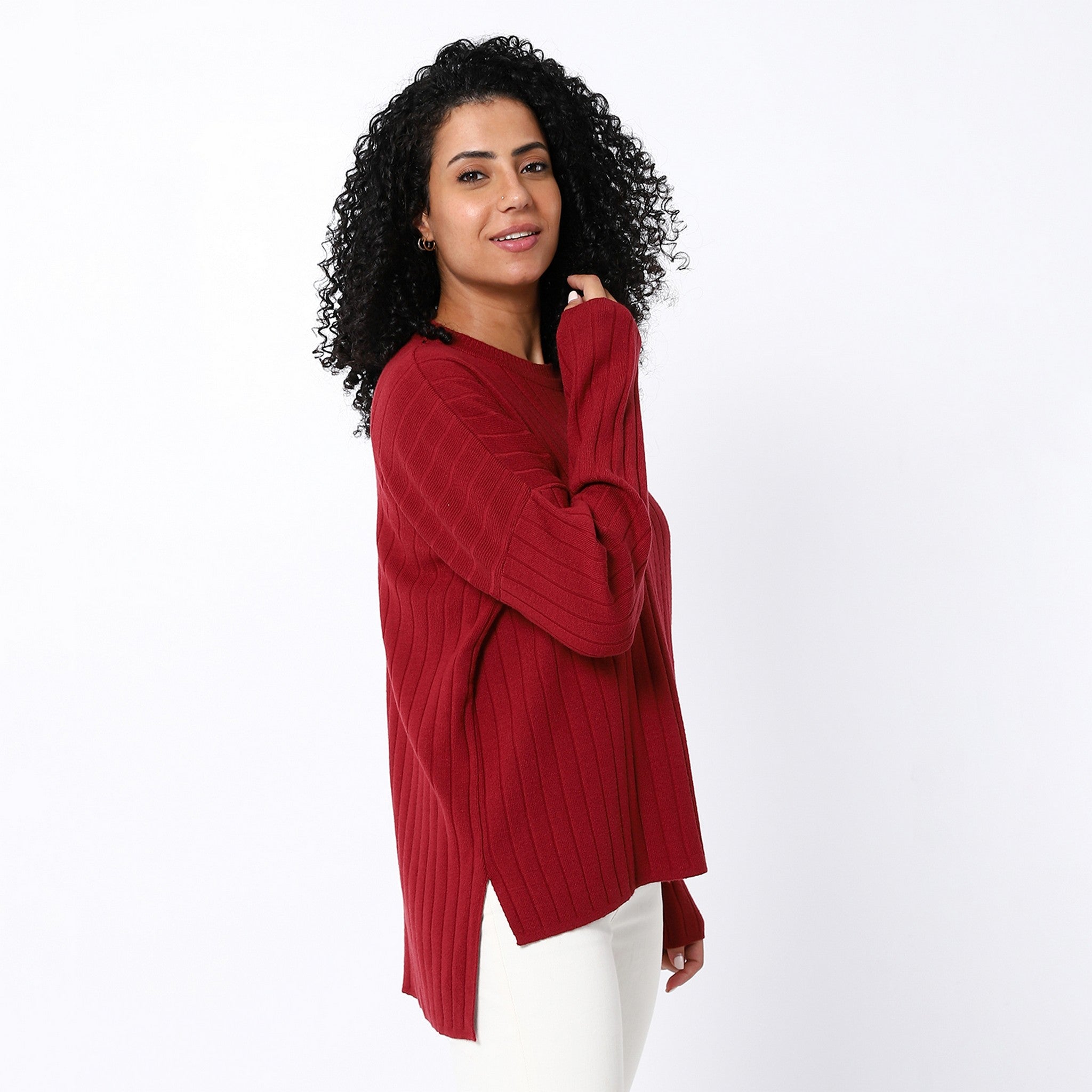 Ribbed Knitted Comfy Burnet Red Pullover