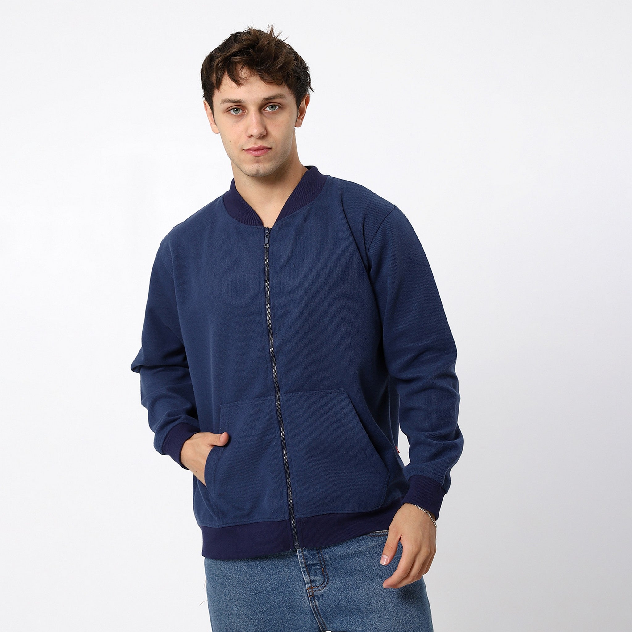 Navy Blue Plain Trendy Zipped Jacket