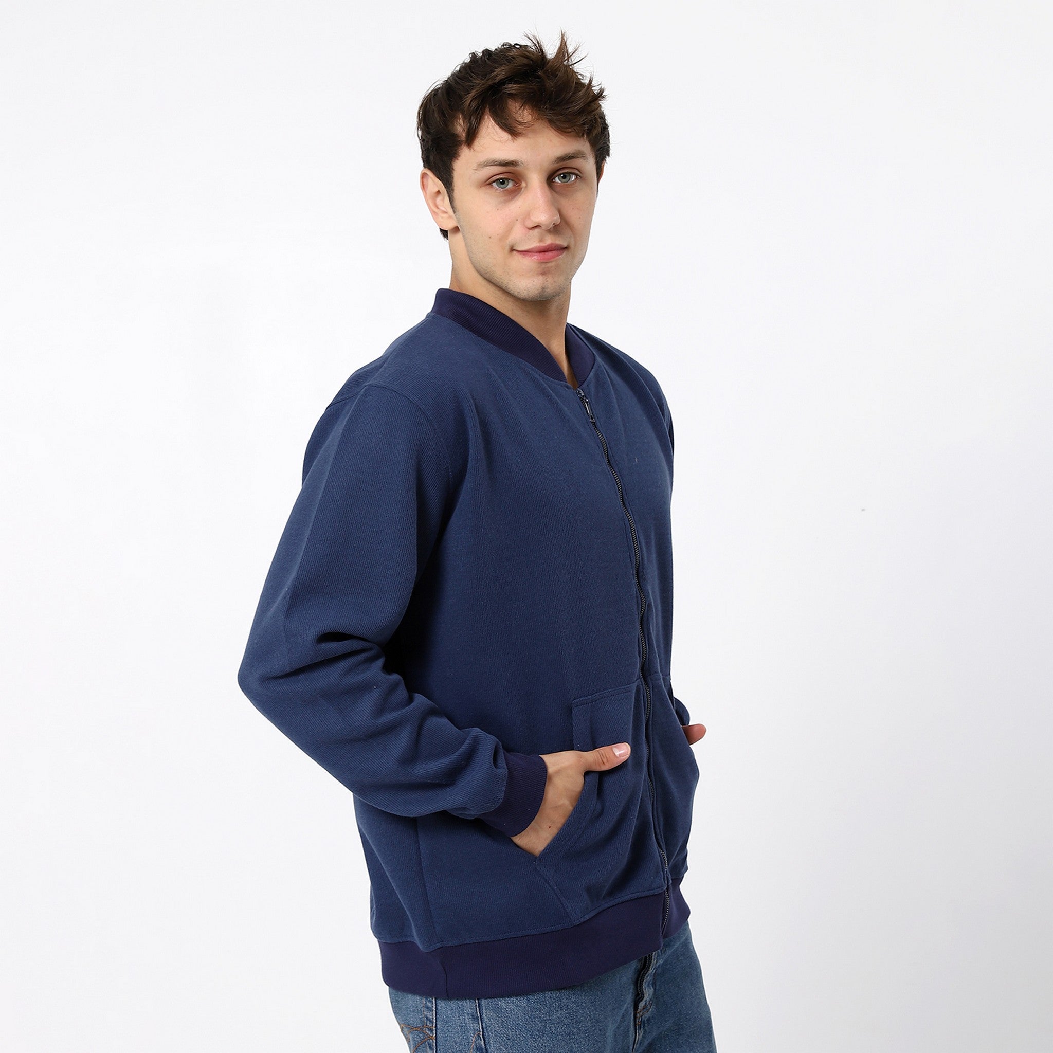 Navy Blue Plain Trendy Zipped Jacket