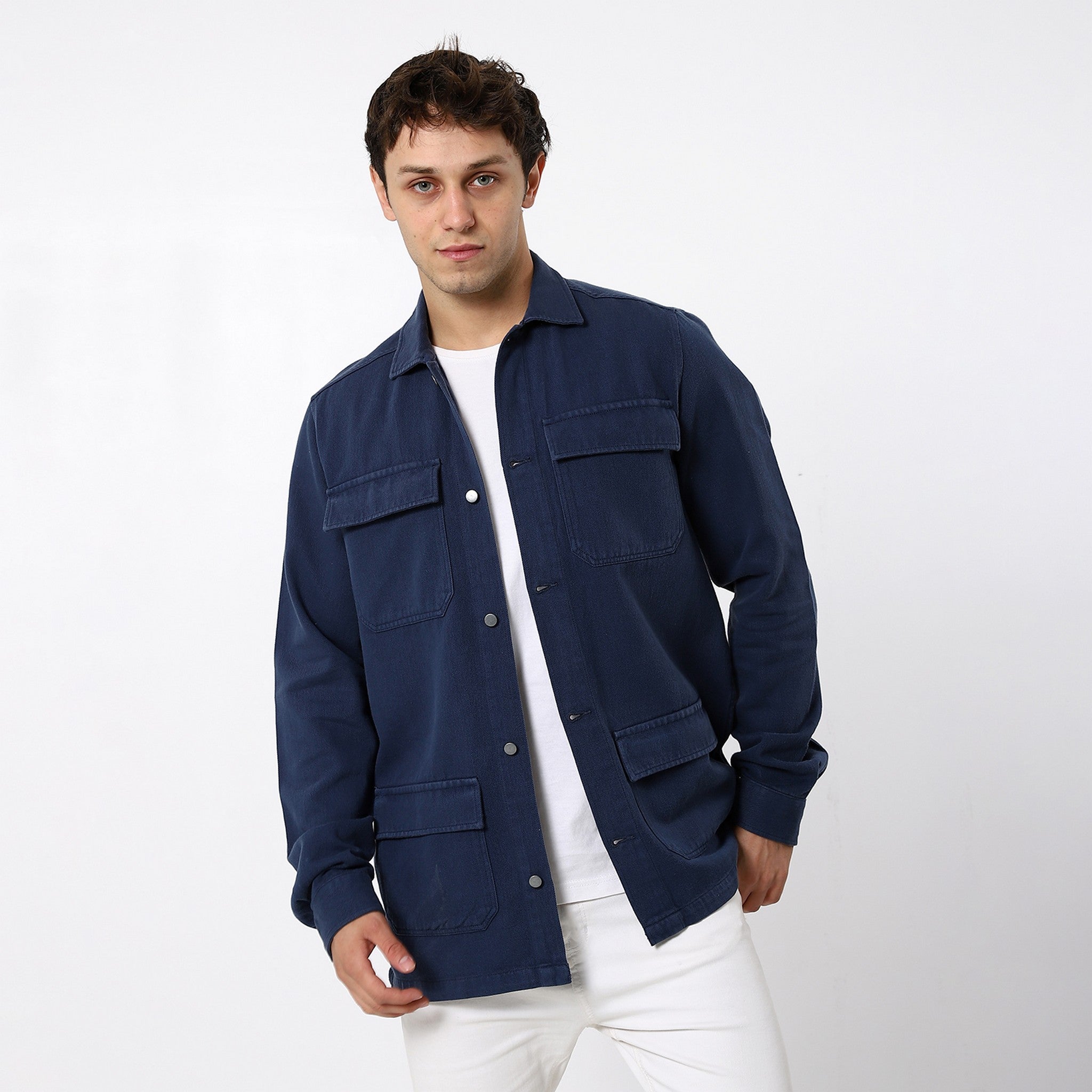 Navy Blue Denim Jacket With Multi-Pockets