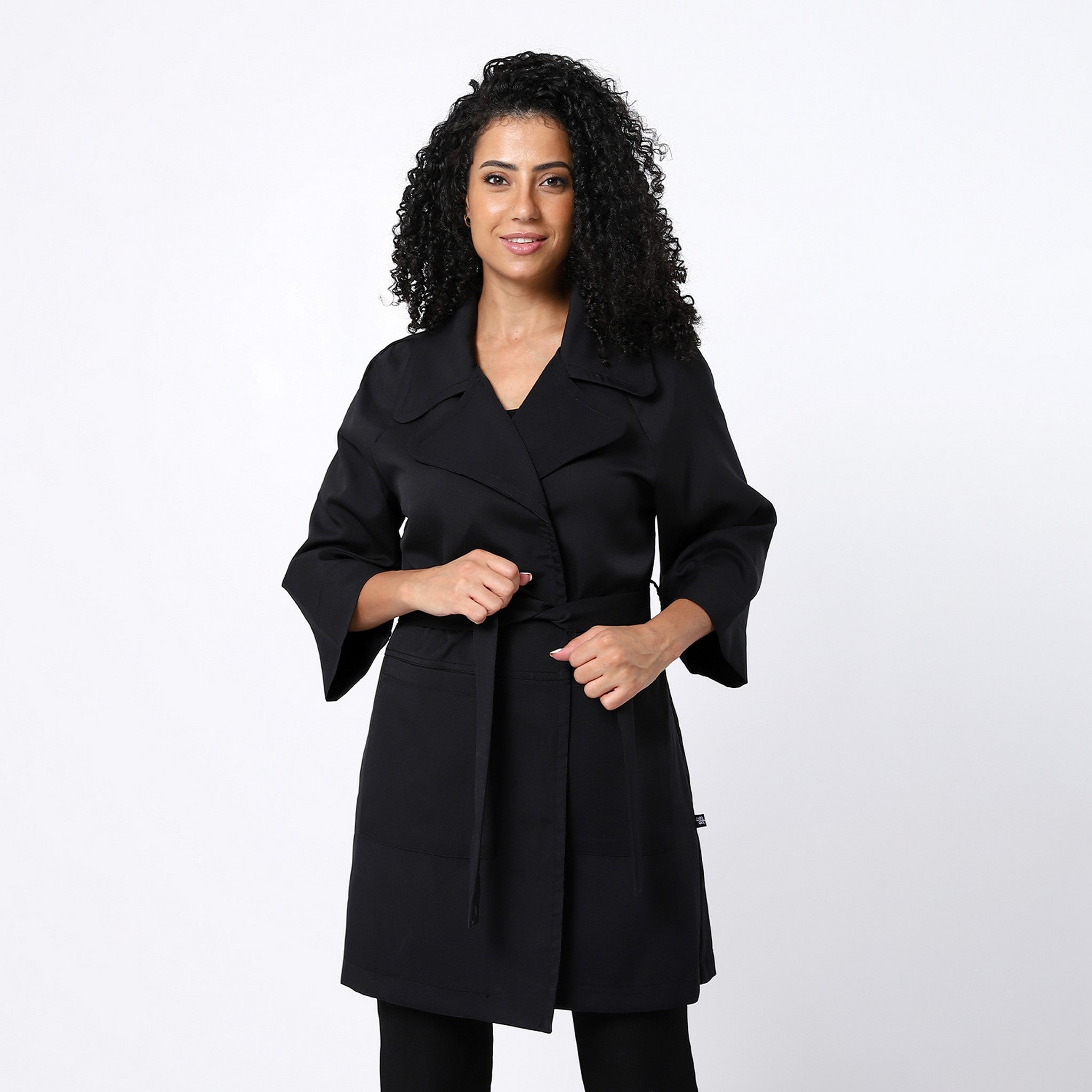 Black Open Neckline Plain Coat