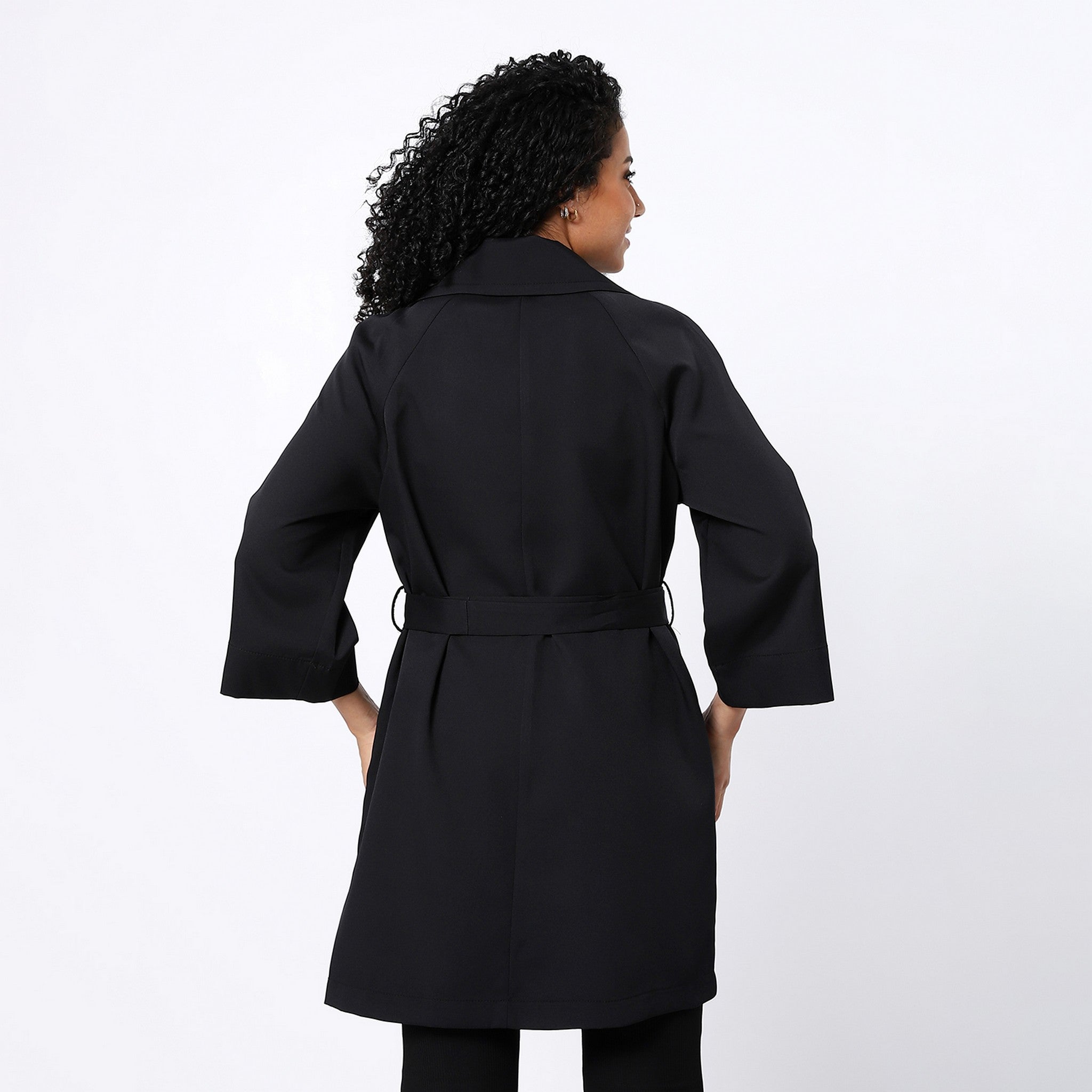 Black Open Neckline Plain Coat