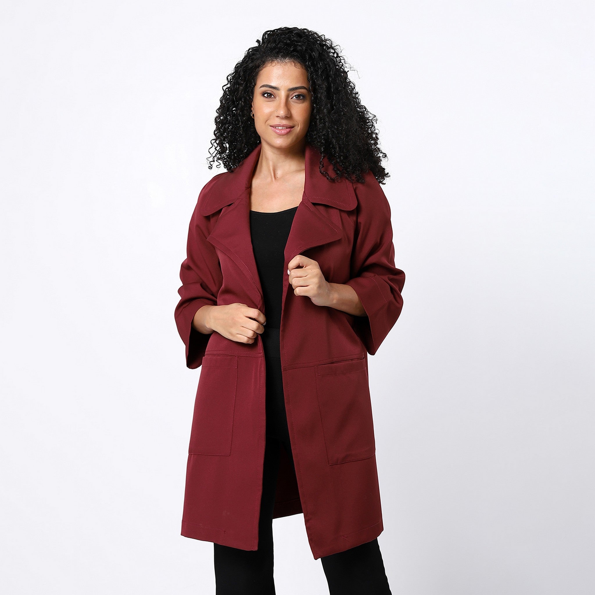 Currant Red Open Neckline Plain Coat