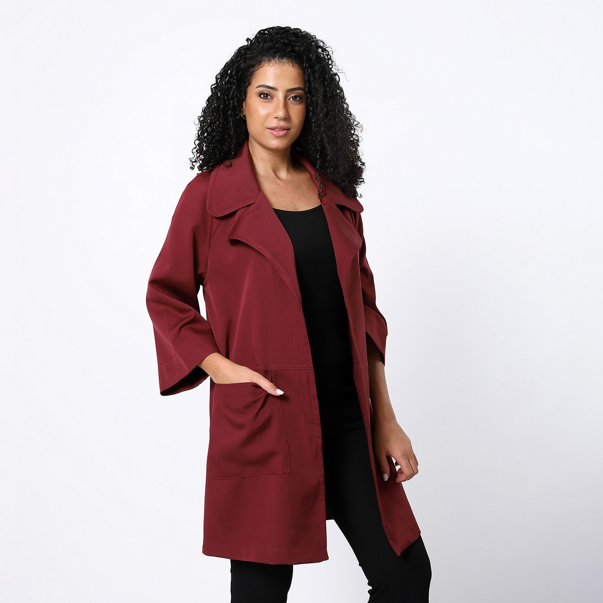 Currant Red Open Neckline Plain Coat