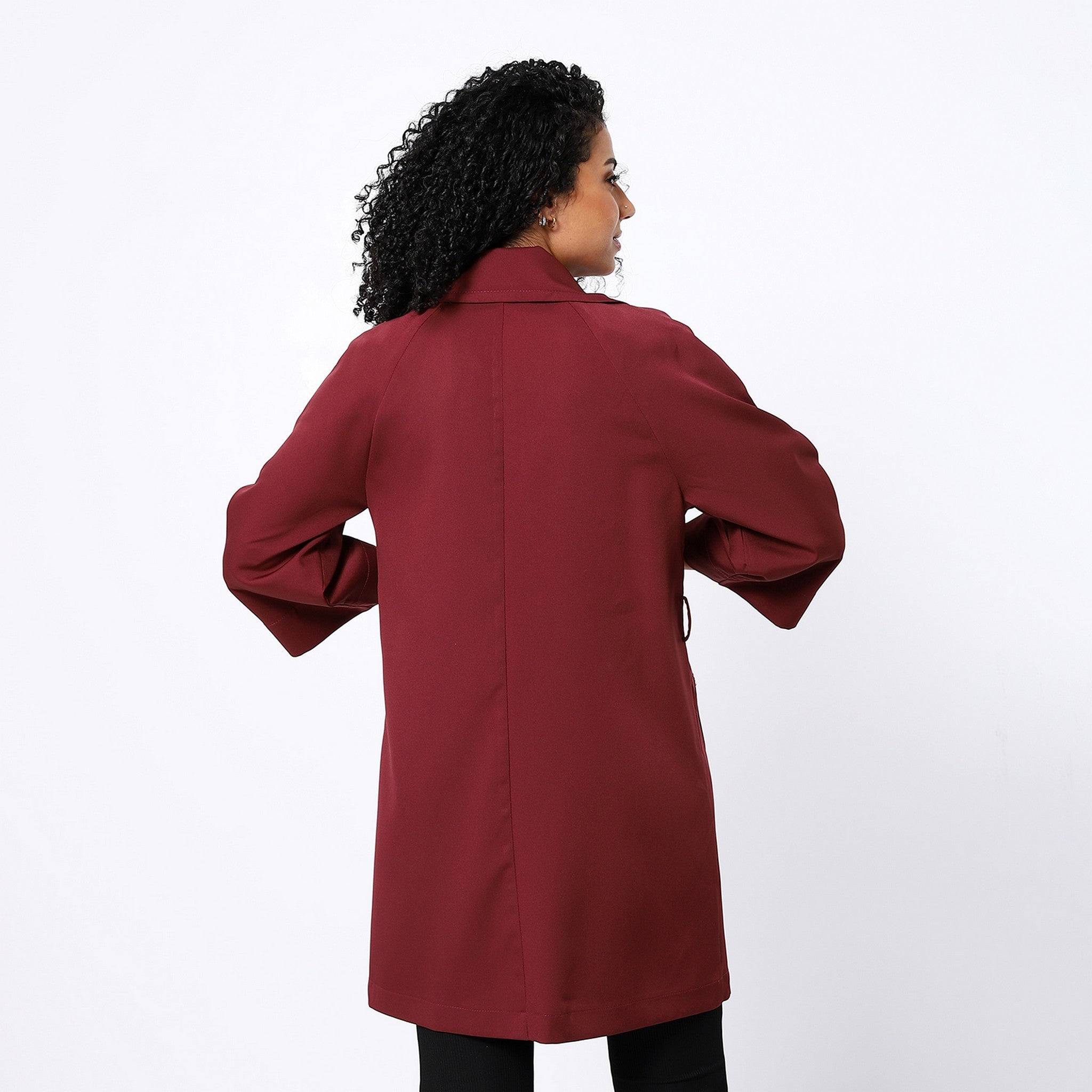 Currant Red Open Neckline Plain Coat