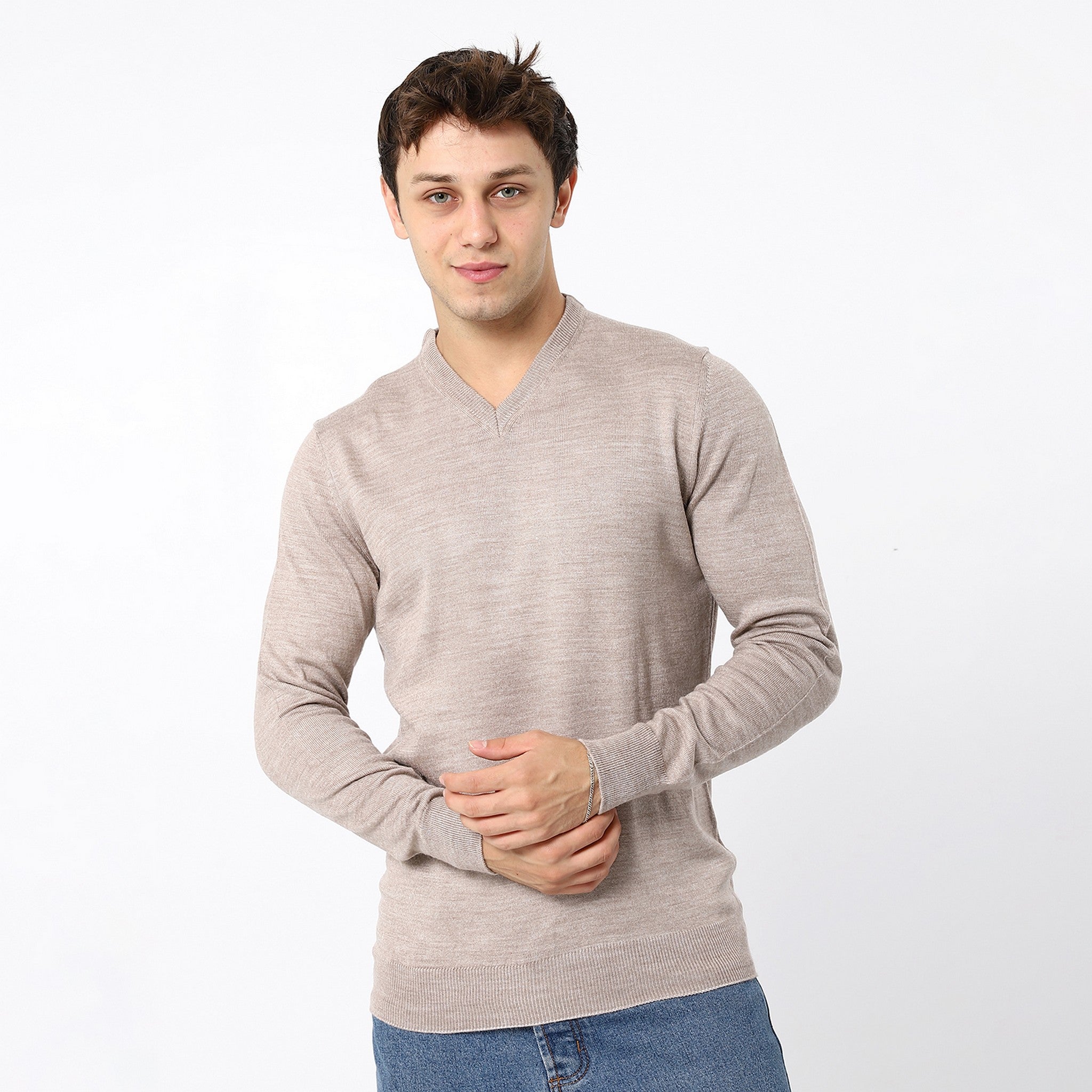 Knitted Heather Desert Sand V-Neck Pullover