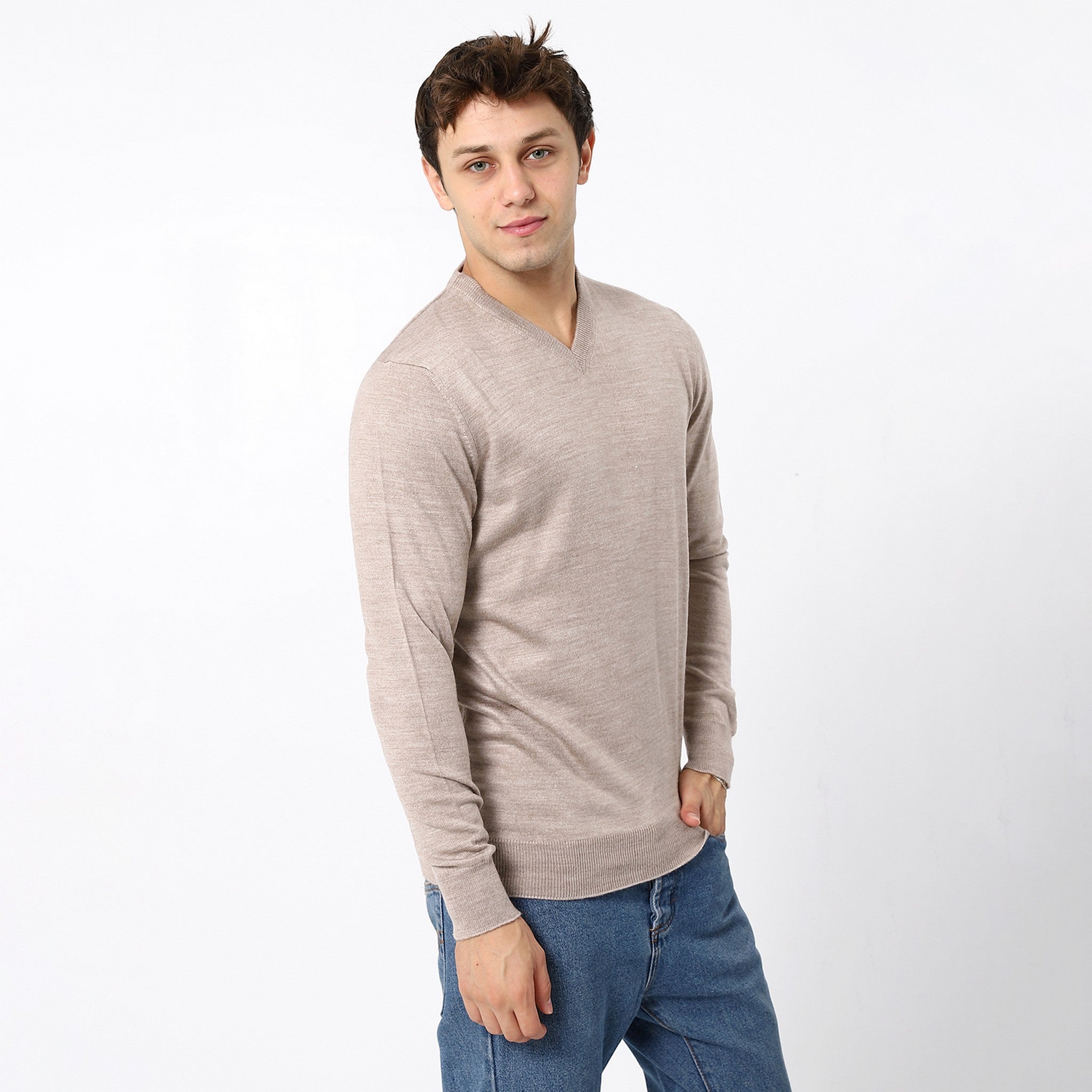 Knitted Heather Desert Sand V-Neck Pullover