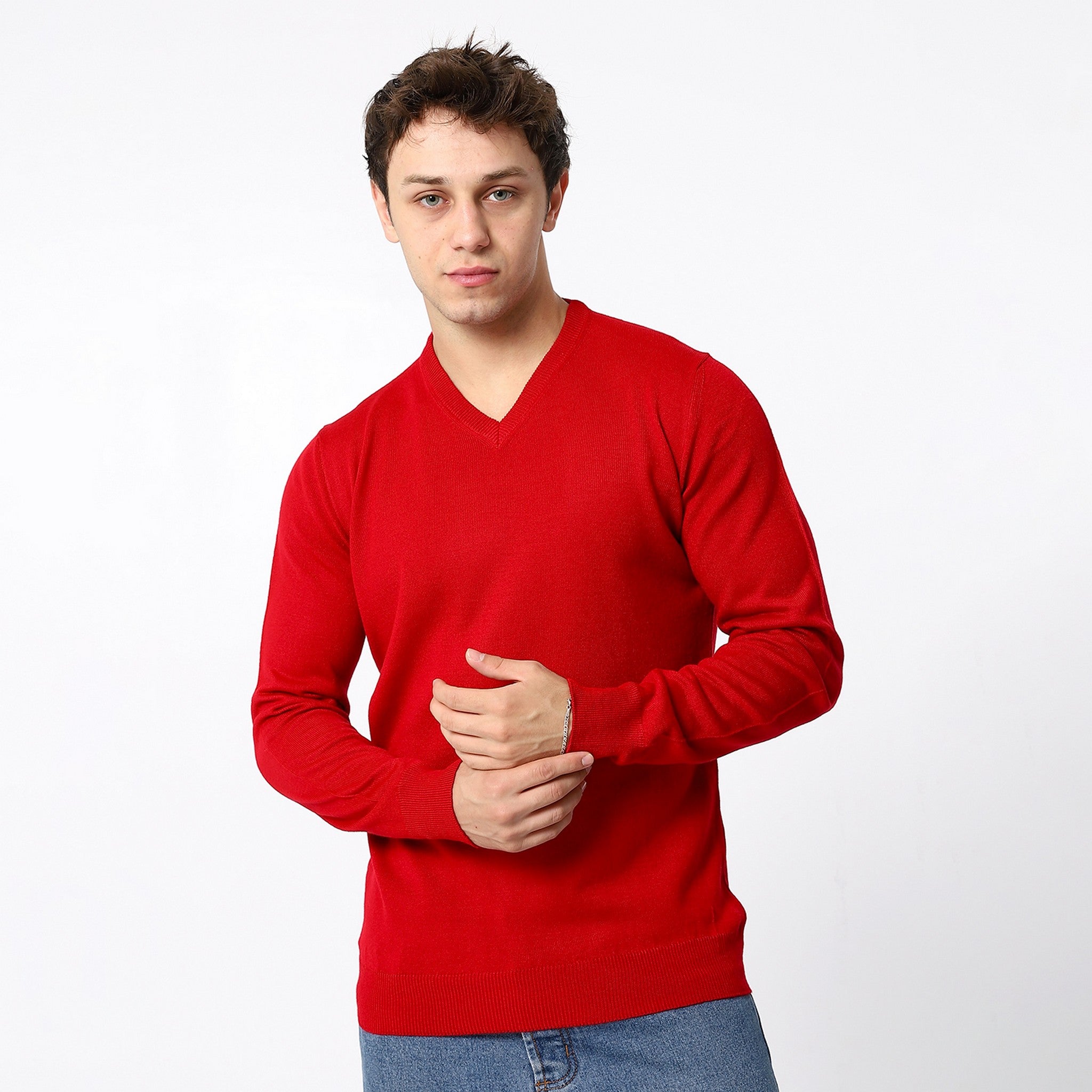 Knitted Candy Red V-Neck Pullover