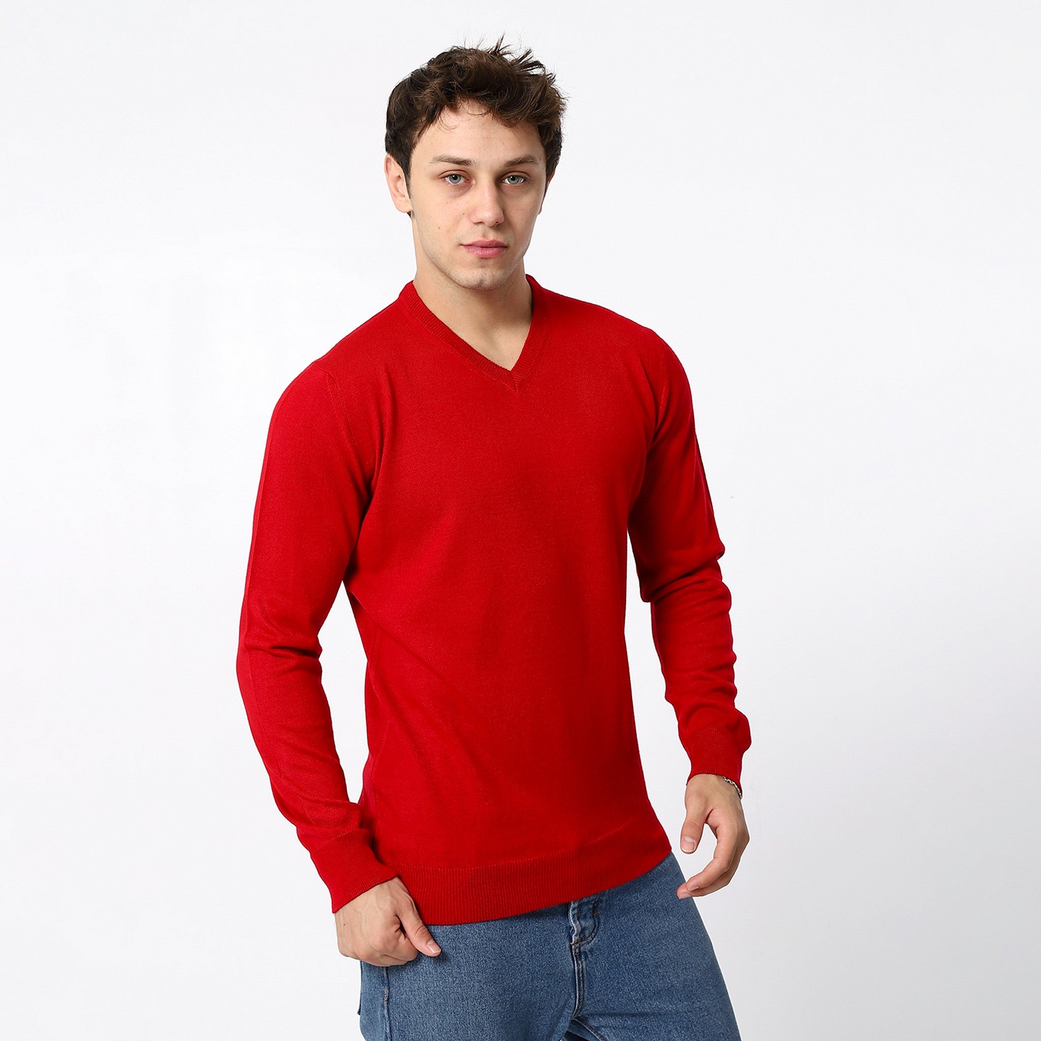 Knitted Candy Red V-Neck Pullover