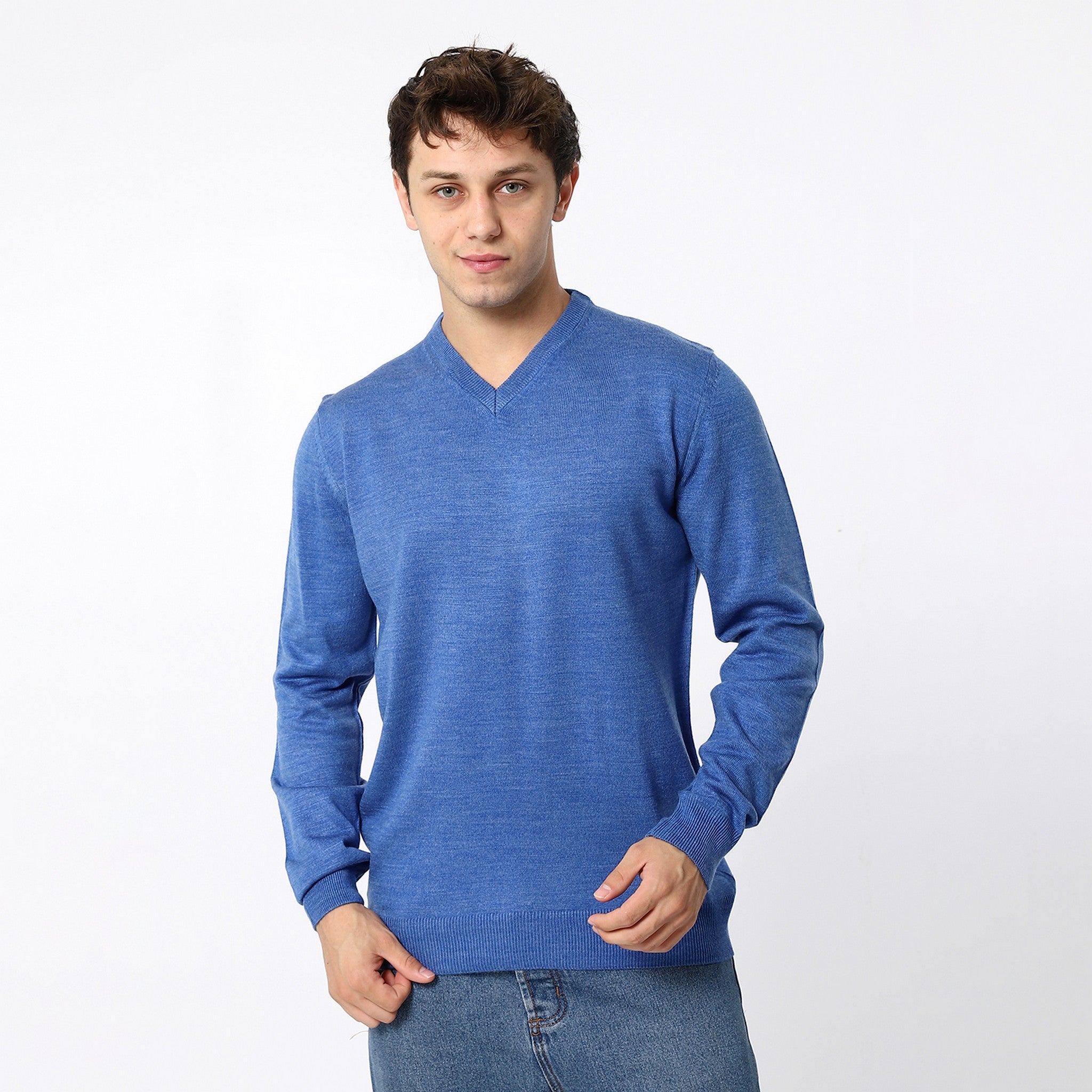 Knitted Steel Blue V-Neck Pullover