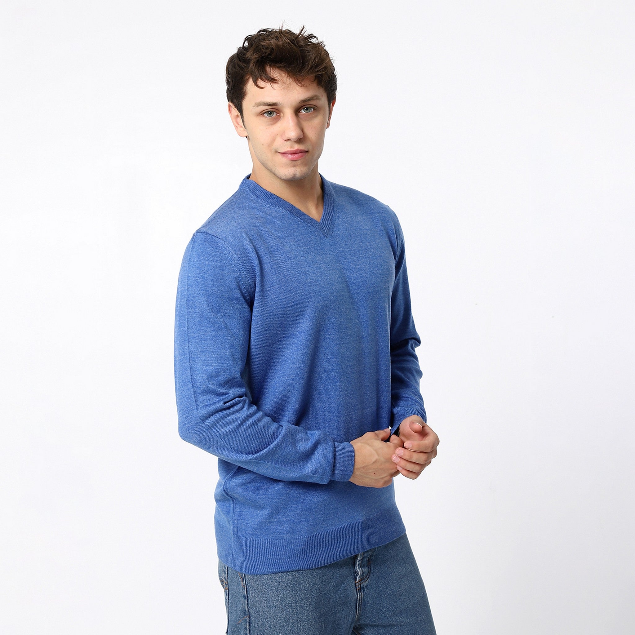 Knitted Steel Blue V-Neck Pullover